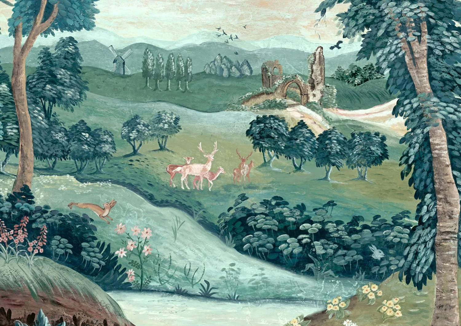 Painting of a lush green landscape with trees, hills, and a stream, featuring a family of deer including a stag, does, and fawns, with some birds flying in the sky and flowers in the foreground.