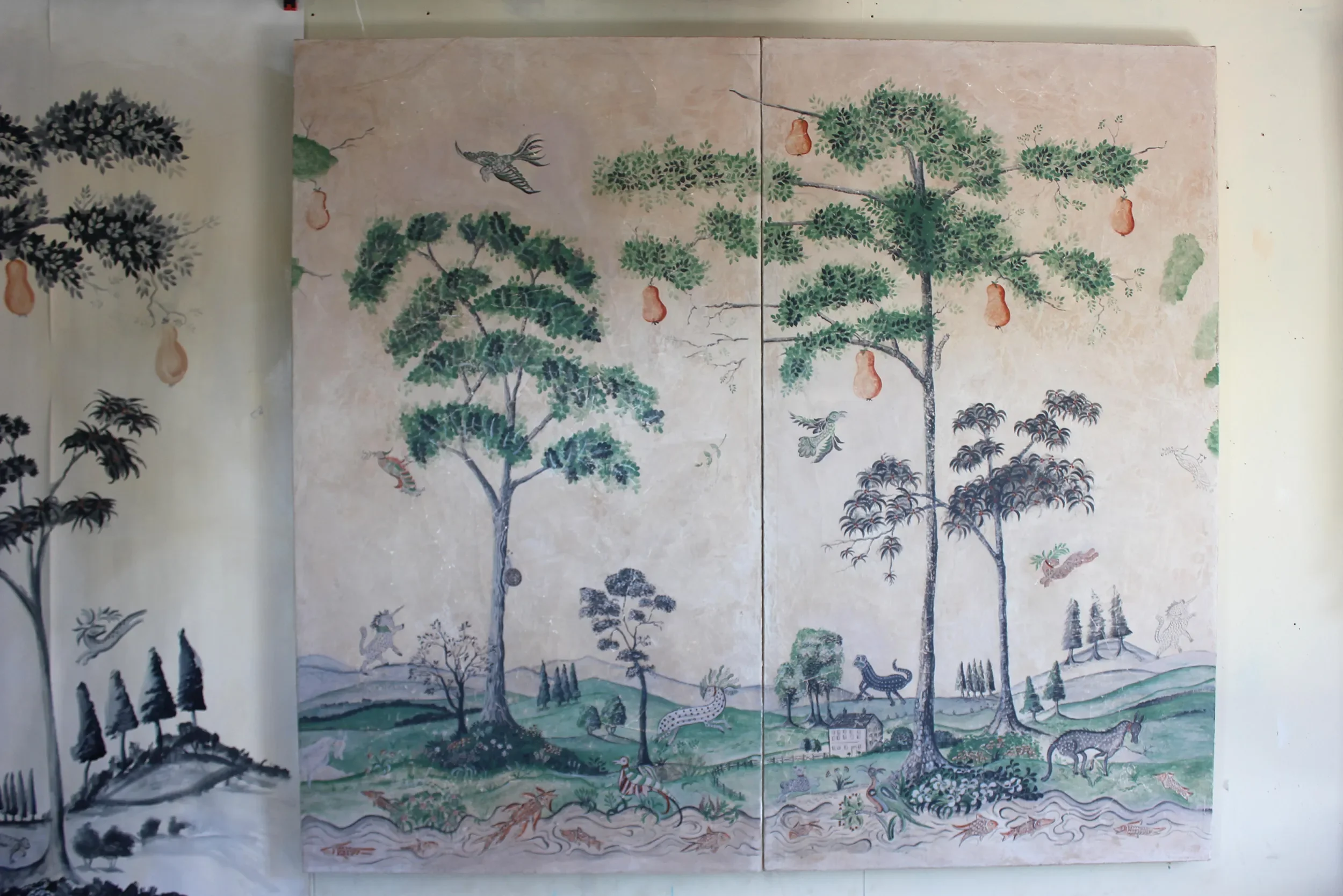 Mythical Land (Kit Kemp/Andrew Martin) work in progress at Melissa White's Studio where she hand-painted it.