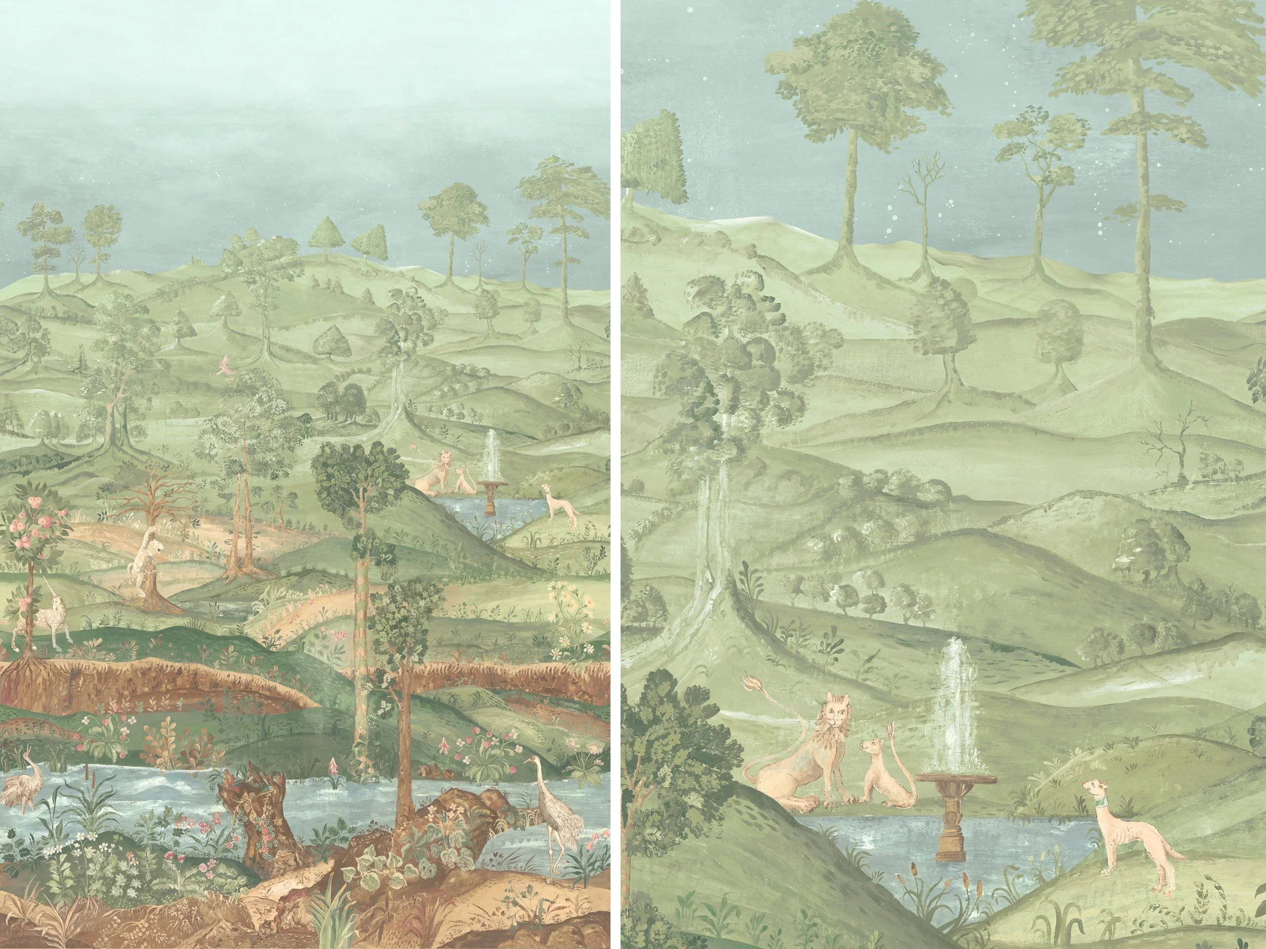 Traditional Asian landscape painting divided into two panels, depicting lush landscapes with trees, mountains, and water, with animals such as deer and lions, and small human figures.