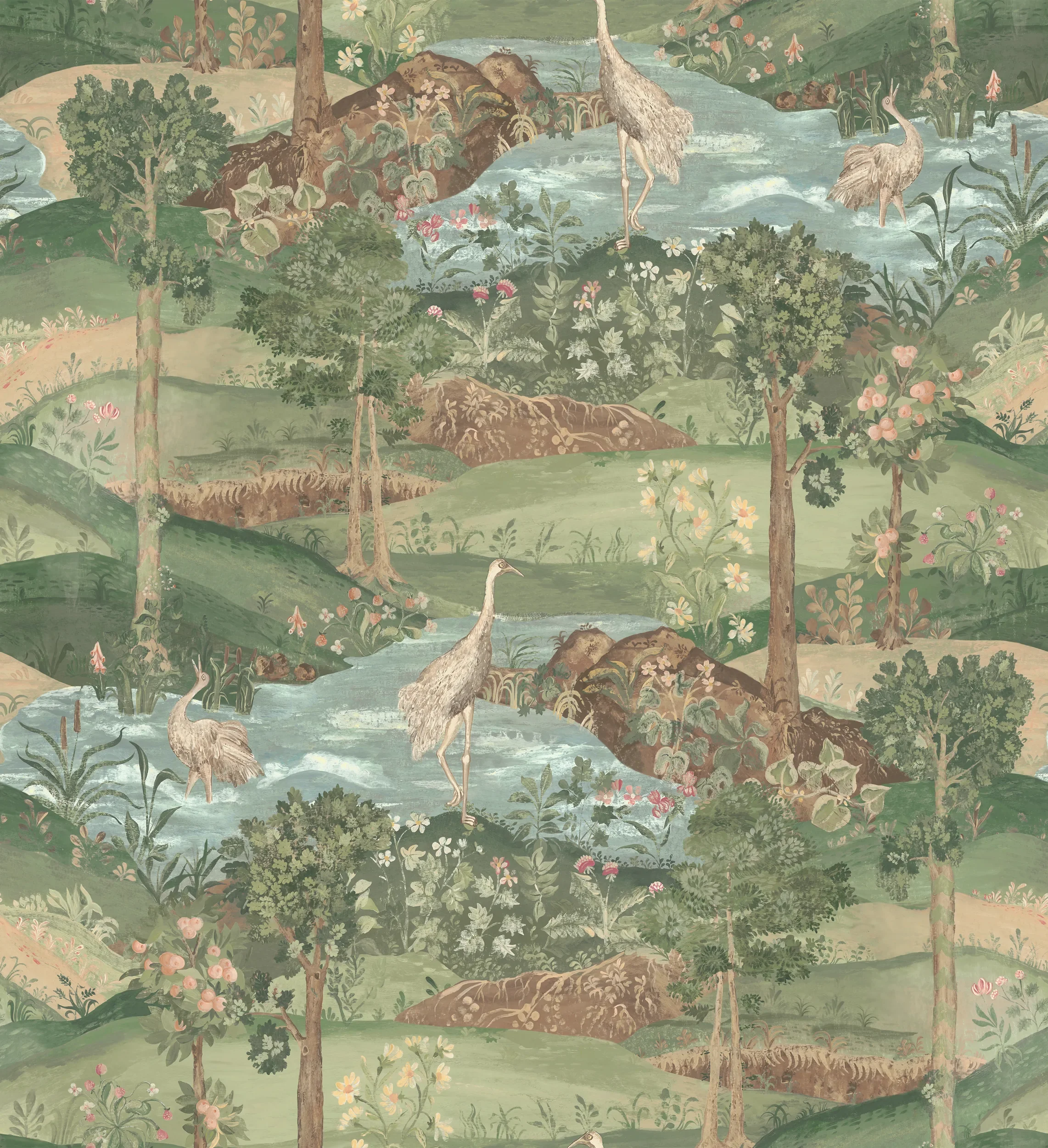 A traditional Asian landscape painting depicting a serene scene with trees, water, birds, and blooming flowers in soft pastel colors.