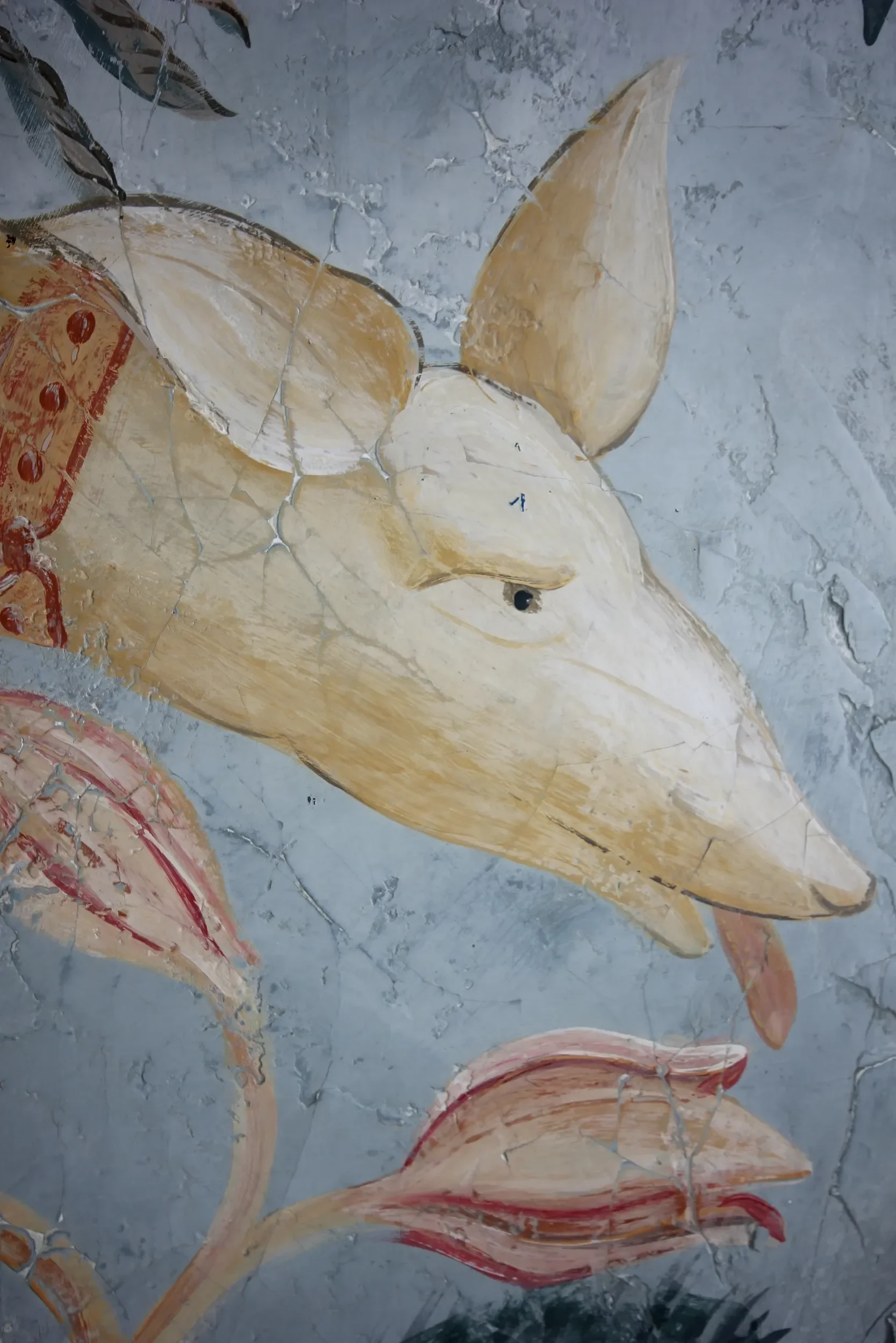 Close-up of hound painting by Melissa White, made for Kit Kemp's Drawing Room installation at Bergdorf Goodman, New York, 2019.