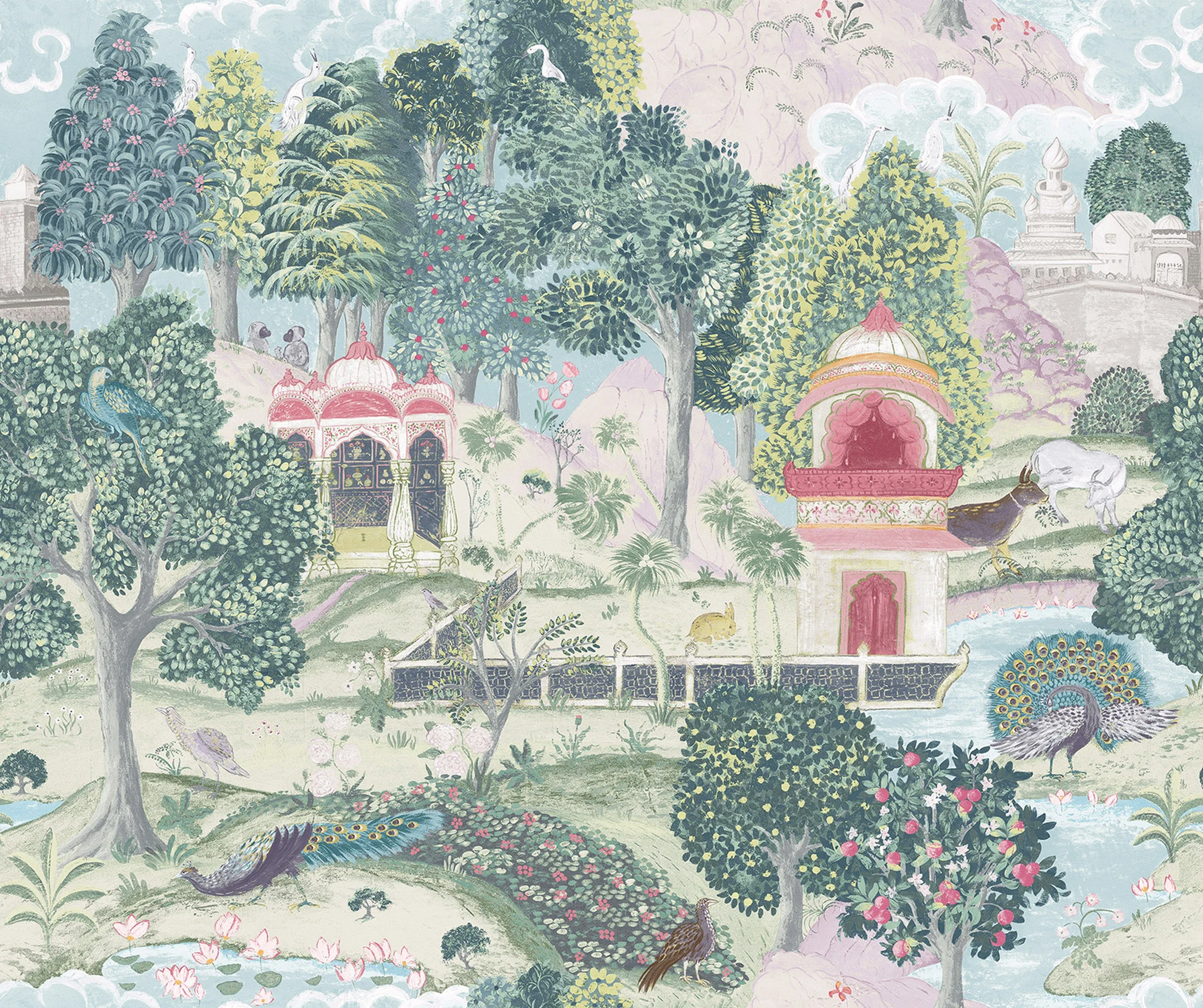A detailed illustration of a lush garden scene with various trees, birds, and architectural elements, featuring flowering trees, peacocks, and ornate structures.