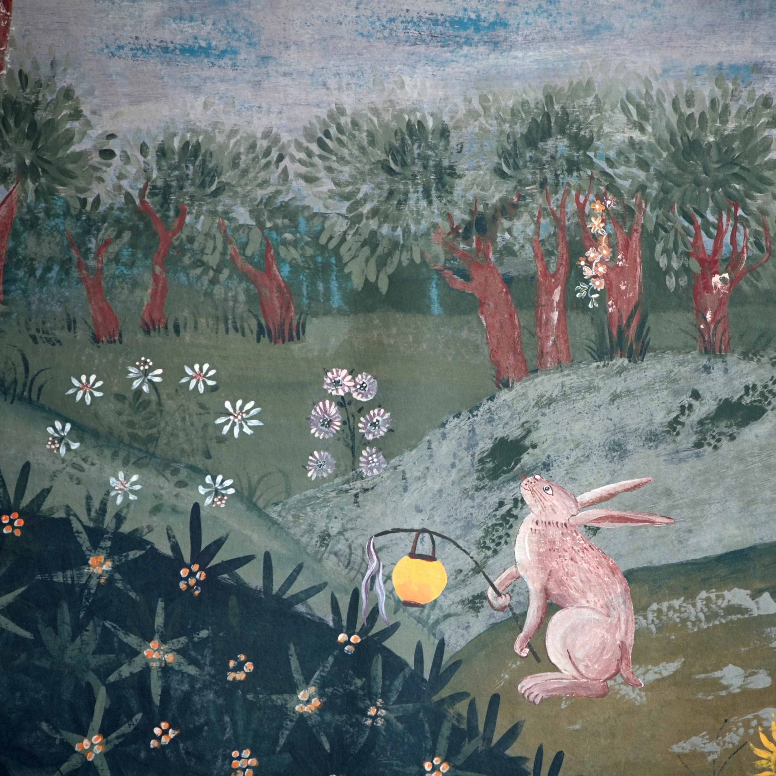 A detailed painting of a lush garden with vibrant trees, blooming flowers, and a small animal, possibly a rabbit, in the foreground.