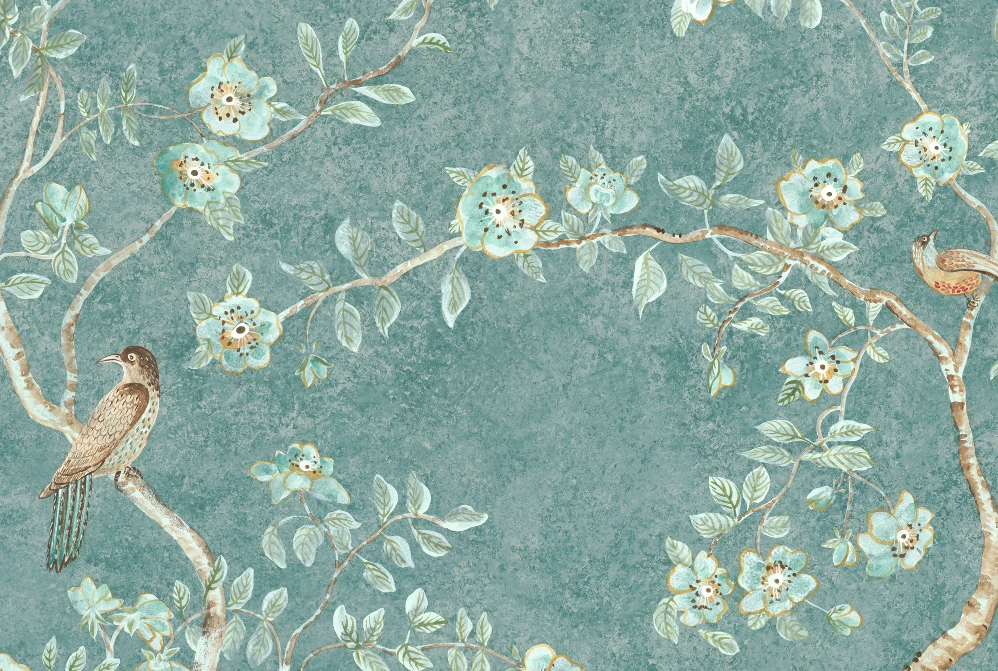 A decorative pattern featuring branches with light blue flowers, green leaves, and two birds with brown and blue plumage against a textured teal background.