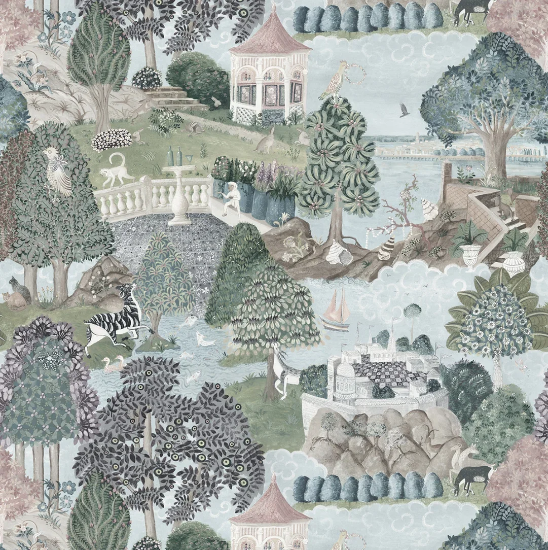 A detailed and whimsical illustration of a lush, multi-level garden with various animals, trees, and architectural features. Includes zebras, deer, birds, a gazebo, a boat on water, and decorative plants and rocks.
