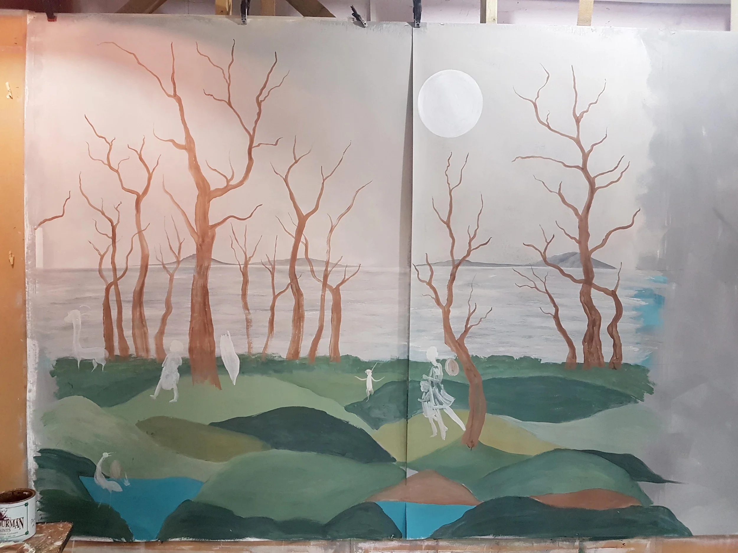 Painting of a landscape with leafless brown trees, green hills, and a light blue body of water under a cloudy sky with a white moon.