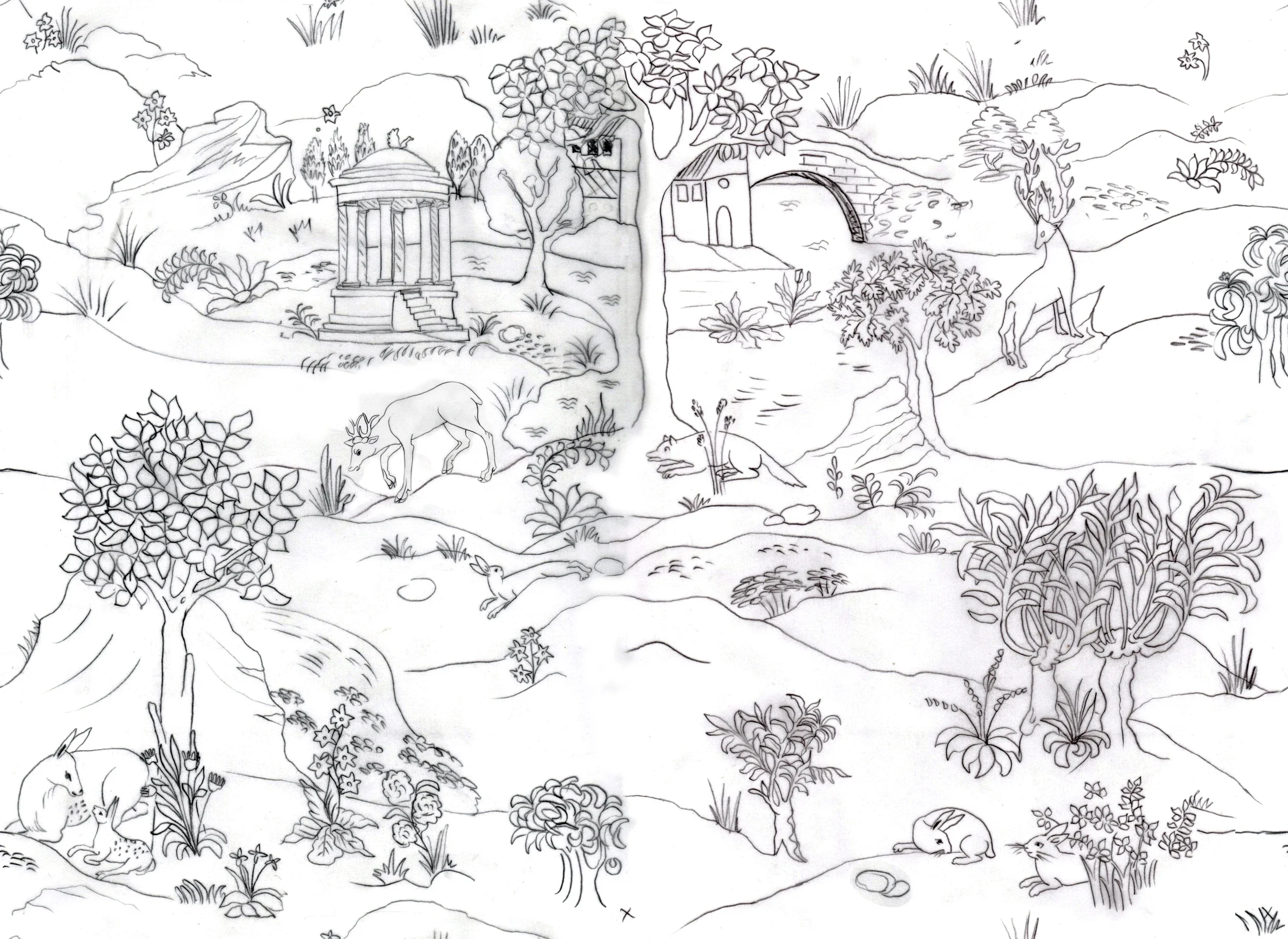 Line art illustration of woodland scene with trees, a river, a bridge, a classical temple, and various animals including deer, a wolf, and a fox, in a fantasy landscape.