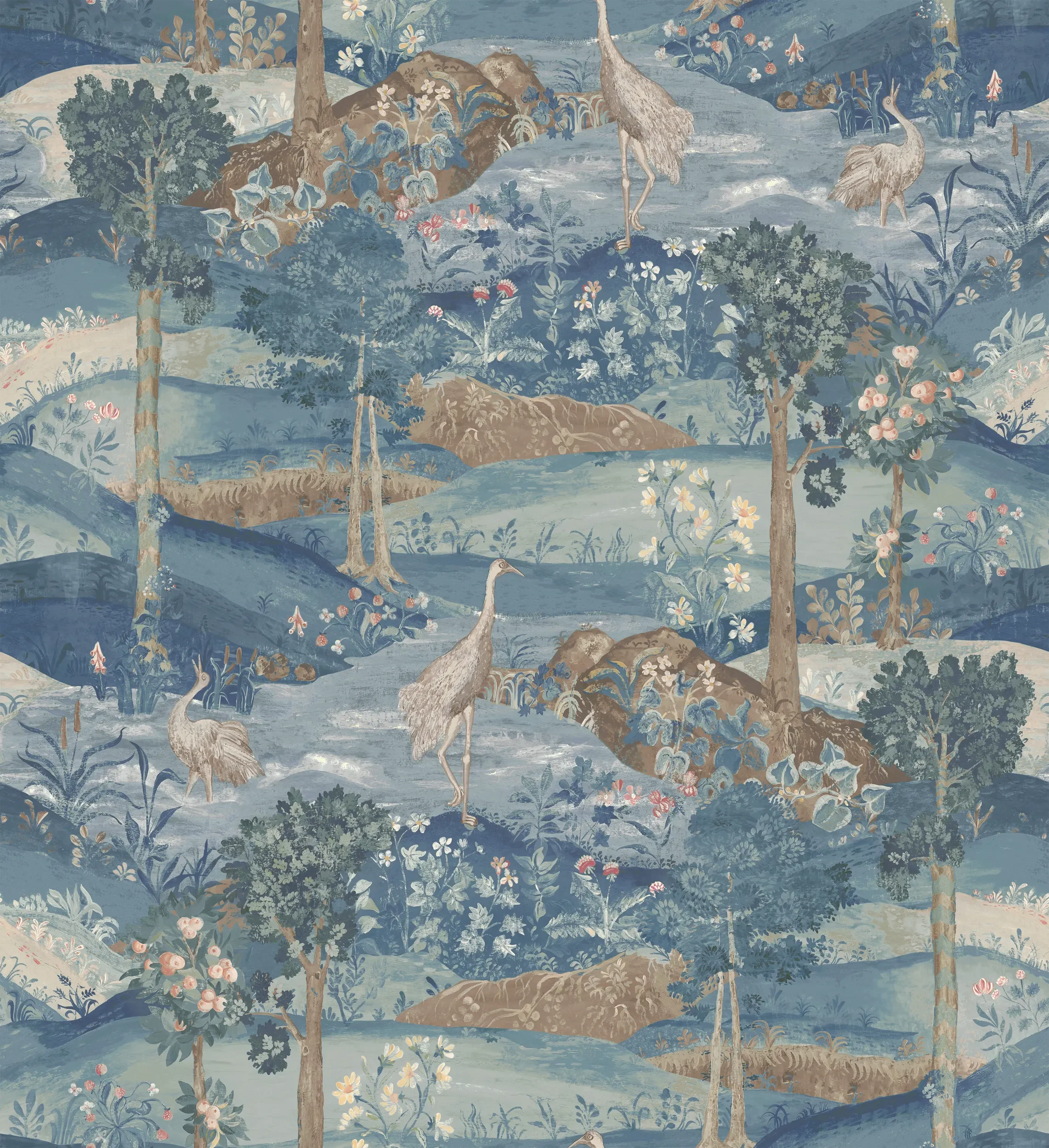 A traditional Asian landscape painting with mountains, trees, flowers, and cranes.