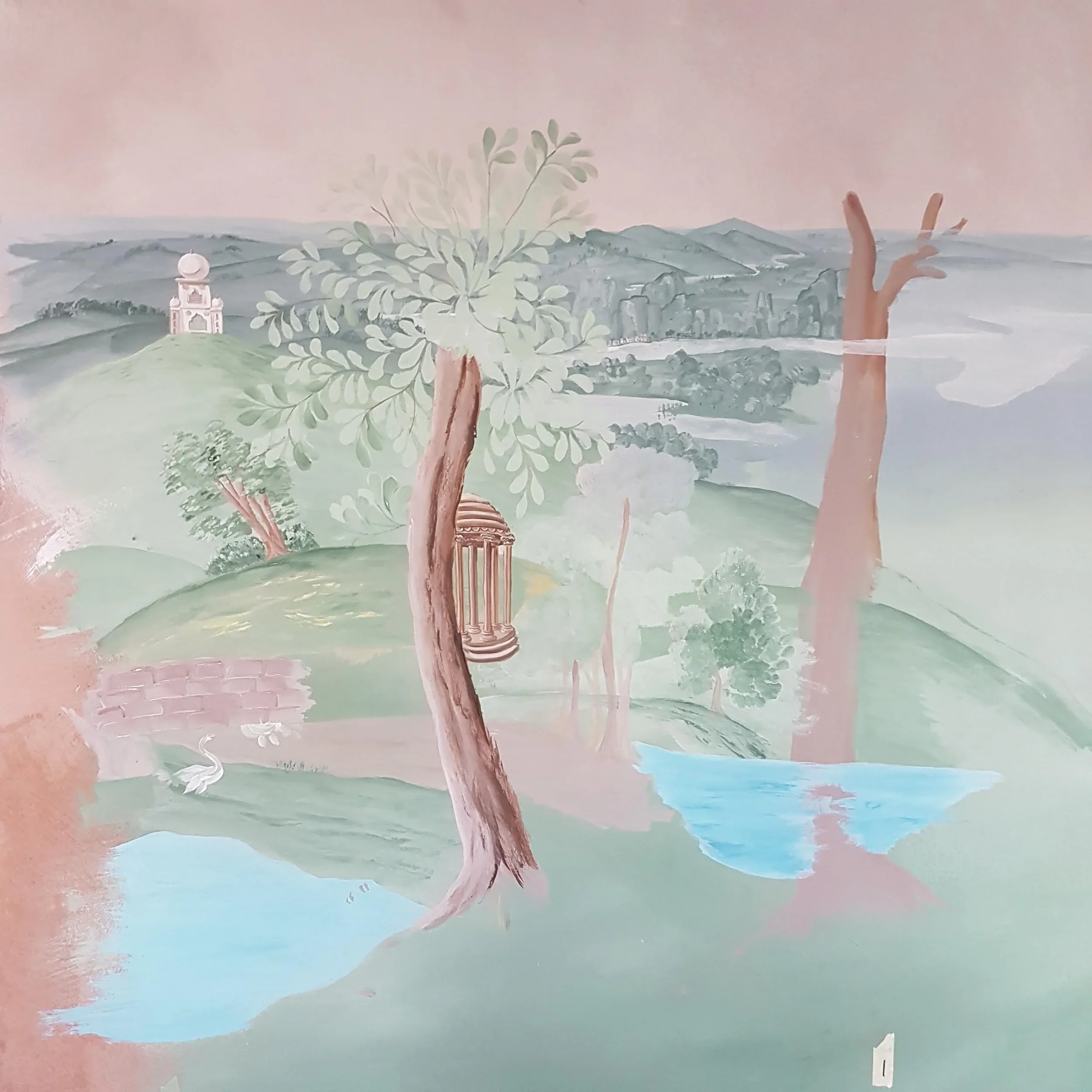 Watercolor painting of a landscape with a church on a hill, trees, mountains in the background, and a sky with pink and blue hues.