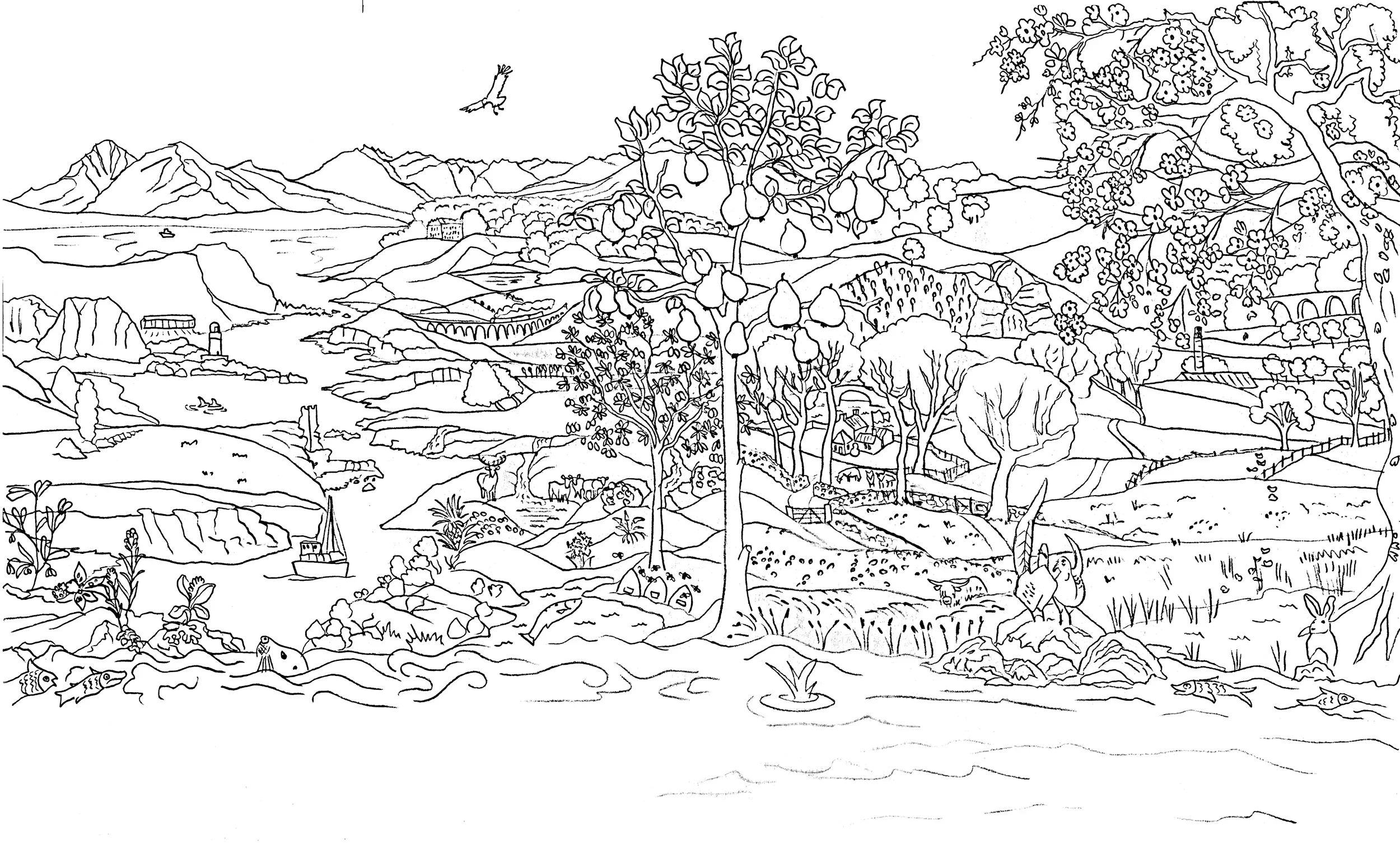 Coloring page of a landscape featuring mountains, a body of water, trees, farms, animals, and bridges, with some birds flying in the sky.