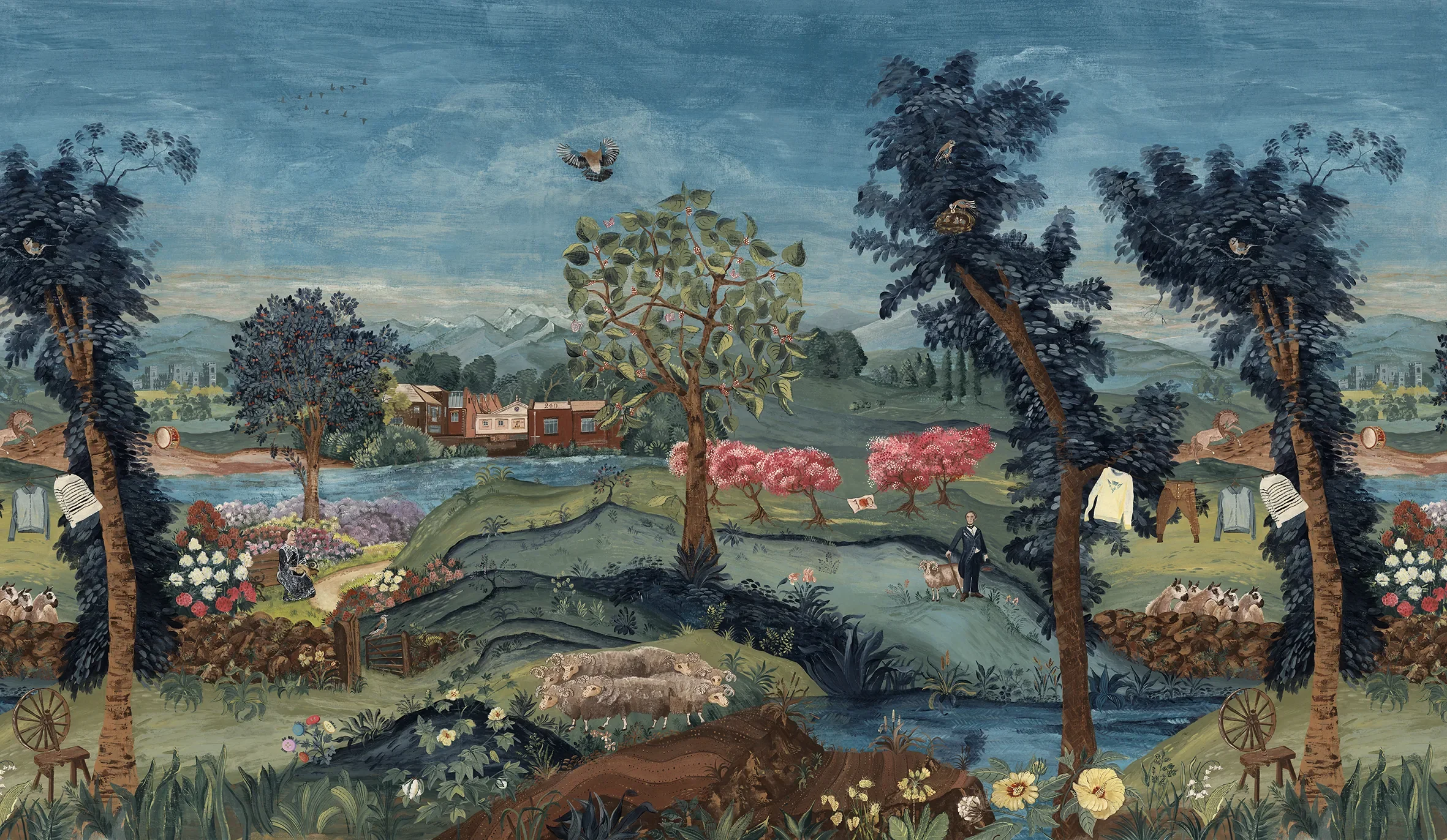 Hand-painted mural by Melissa White for John Smedley's 240th anniversary, 2024, depicting a scenic landscape in the Derbyshire countryside with figures, animals, and buildings.