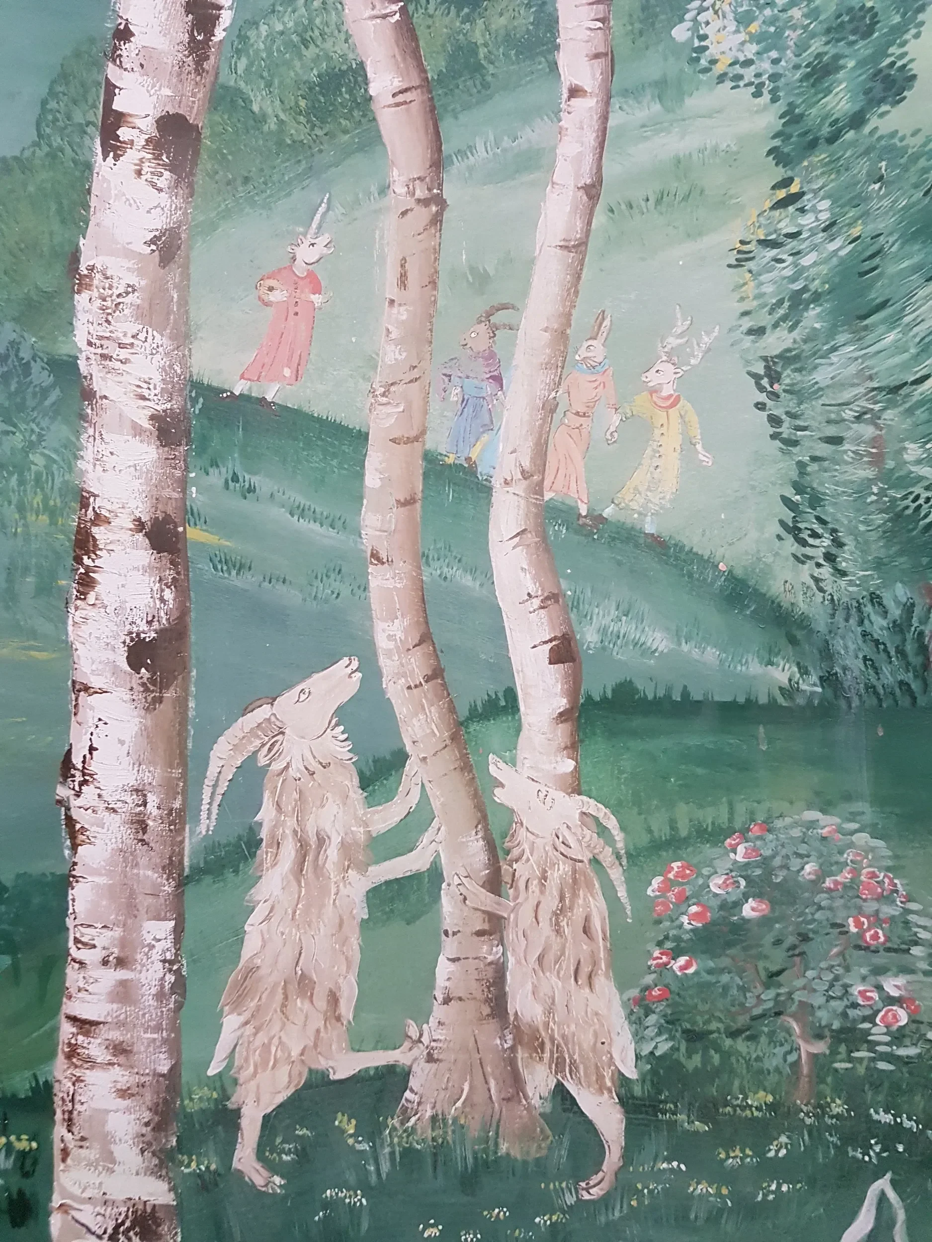 Lantern Parade wallpaper by Melissa White for Andrew Martin, detail showing figures carrying lanterns through silver birch woodland, developed in collaboration with Kit Kemp.