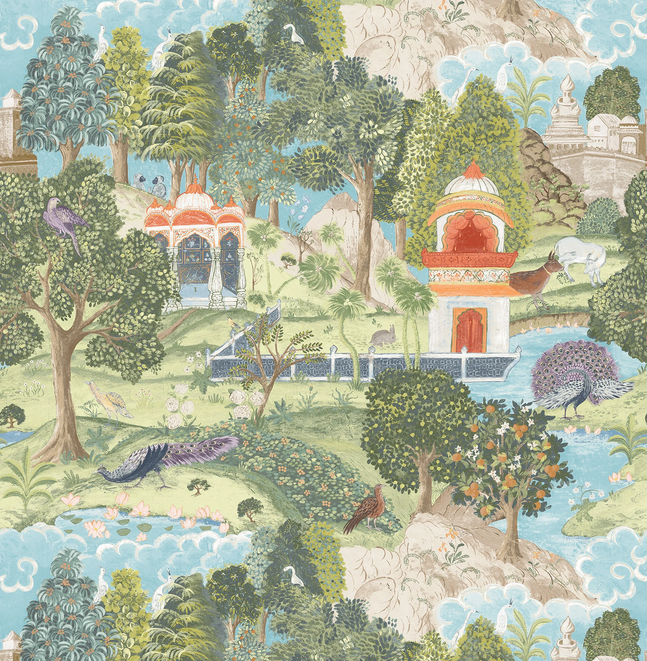 A detailed illustrated scene of a lush, green landscape with various trees, shrubs, and colorful flowers. White cranes and peacocks are perched among the trees, and a couple of horses are grazing. There are ornate architectural elements, including domed pavilions, a fountain, and a fortification, set against a mountainous background with clouds and a blue sky.