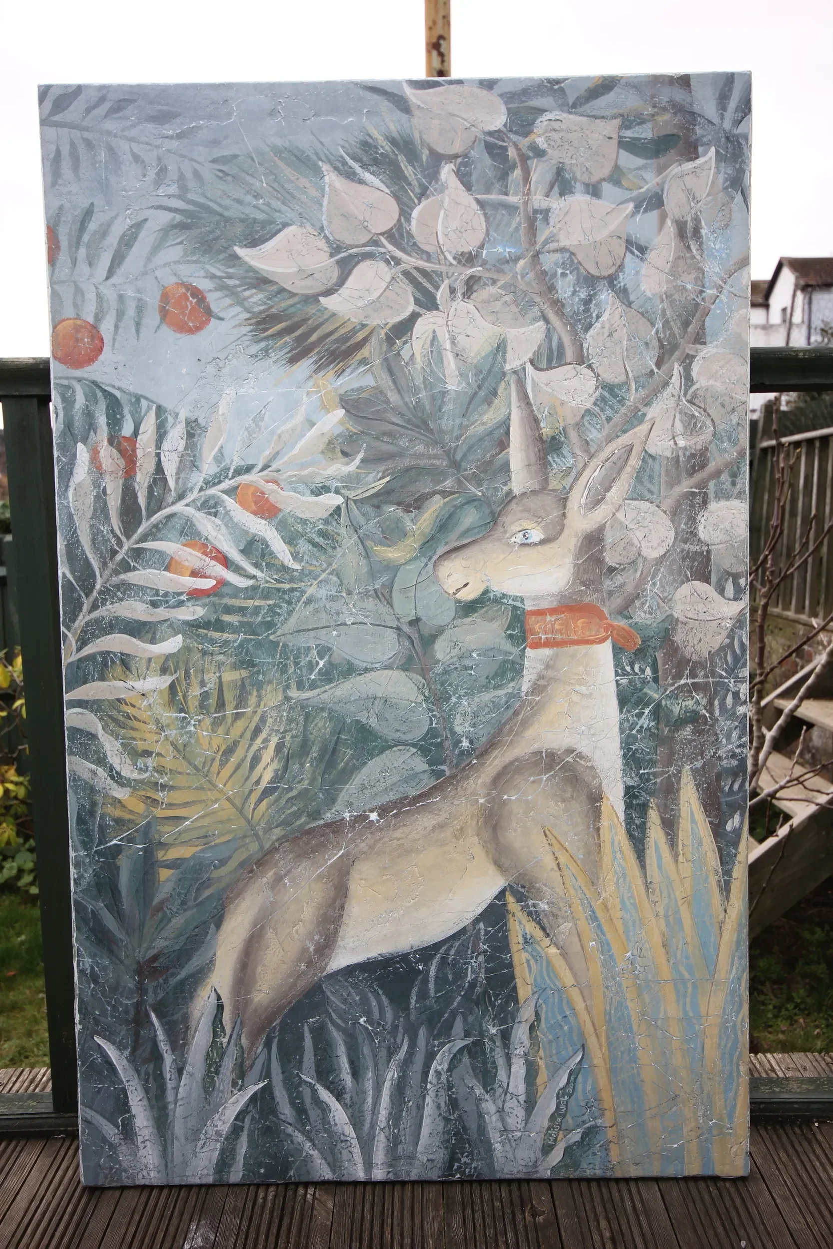 Melissa White painting of a hound at Kit Kemp's Drawing Room installation, Bergdorf Goodman, New York, 2019.