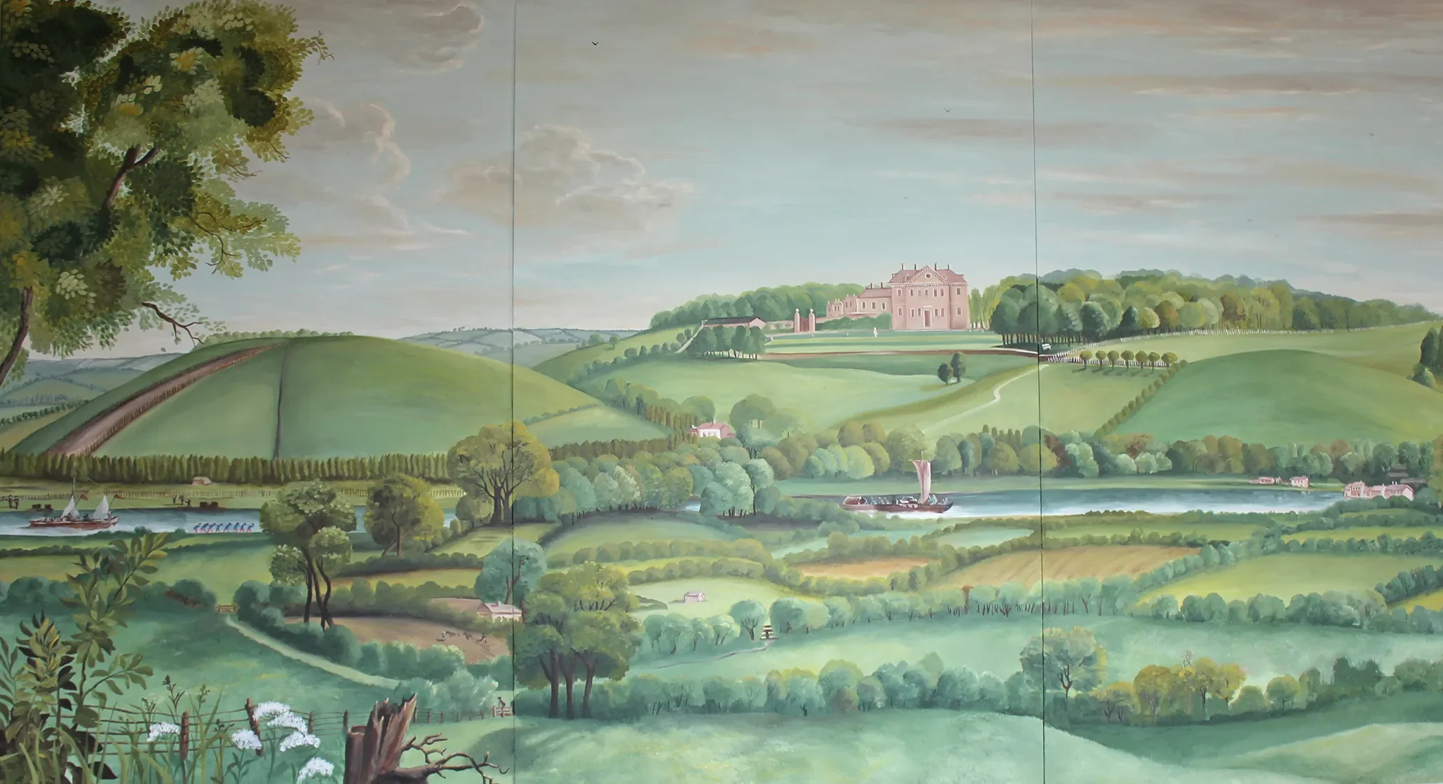 A painting of a lush green landscape with rolling hills, trees, a river with boats, and a large castle on a hill in the distance under a partly cloudy sky.