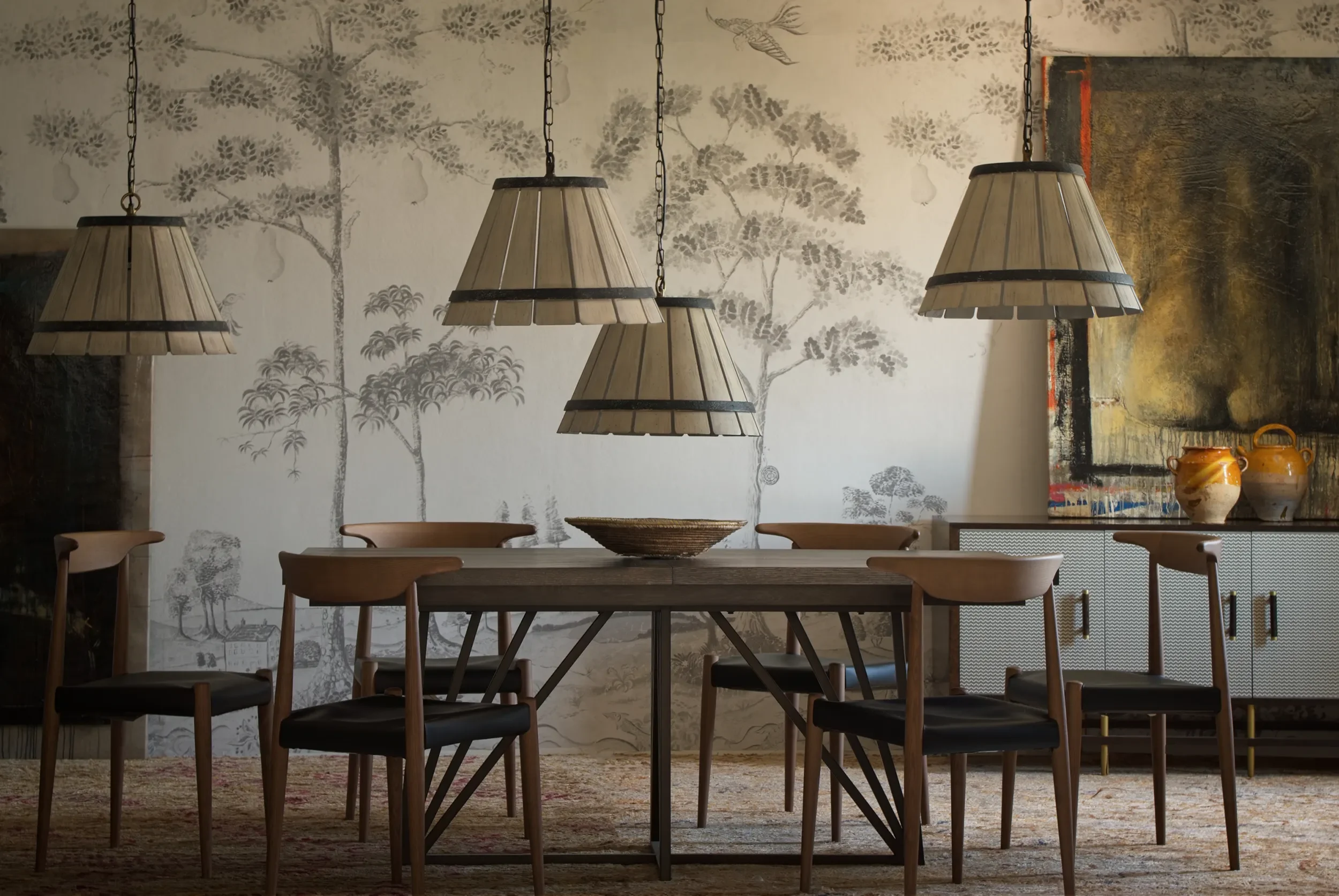 Mythical Land wallpaper by Melissa White in black and white. Photo is of a dining room with modern and rustic furniture and accessories.