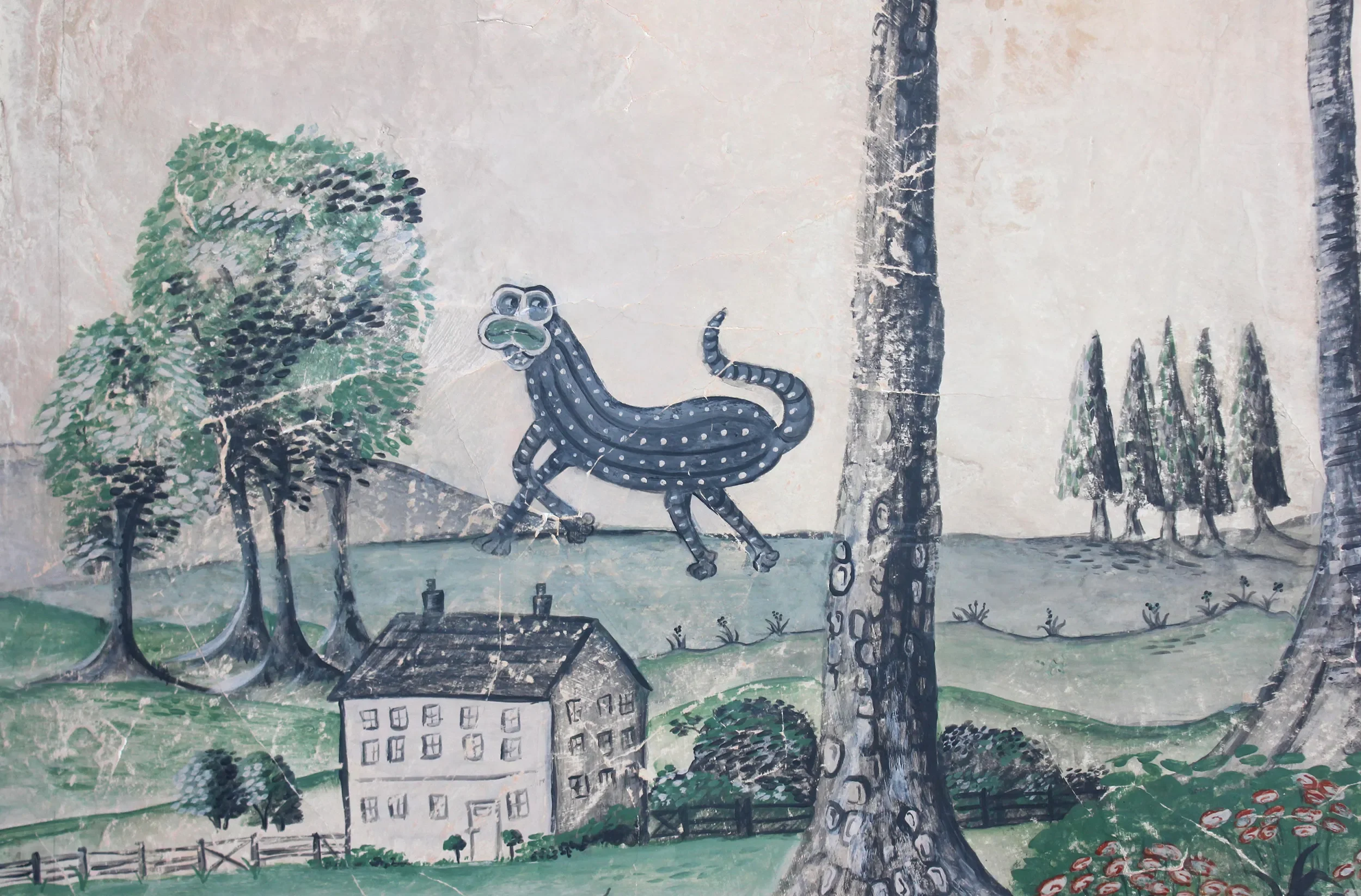 A close-up detail from Melissa White's hand-painted Mythical Land wallpaper. Image shows an enormous mythical creature - a kind of four-legged gherkin - above a large country house.