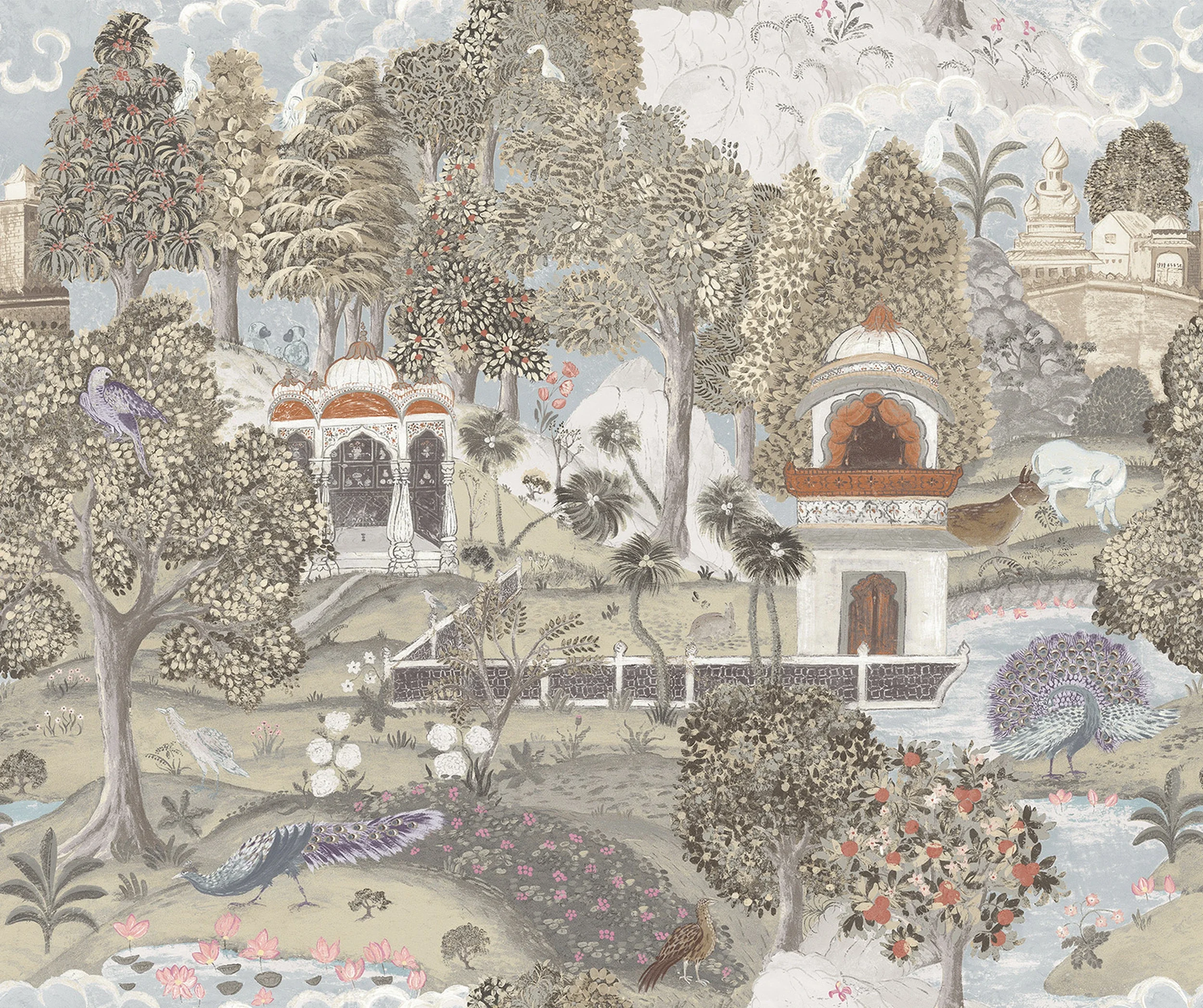 A traditional Asian landscape painting depicting trees, flowers, birds, and architectural structures with intricate details in muted pastel colors.