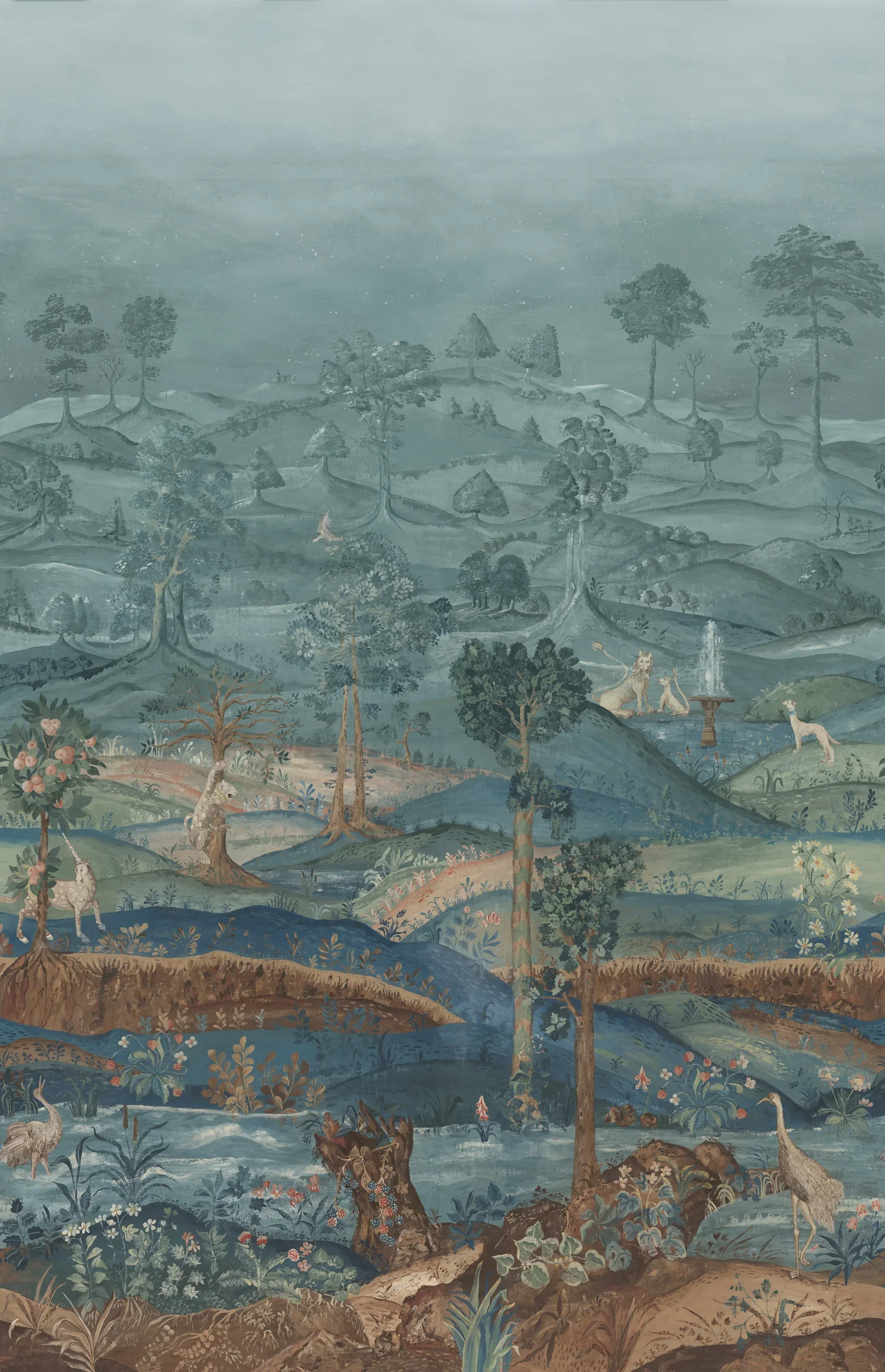 A traditional painting of a lush landscape with hills, trees, water, and animals including lions, deer, and birds, in muted colors.