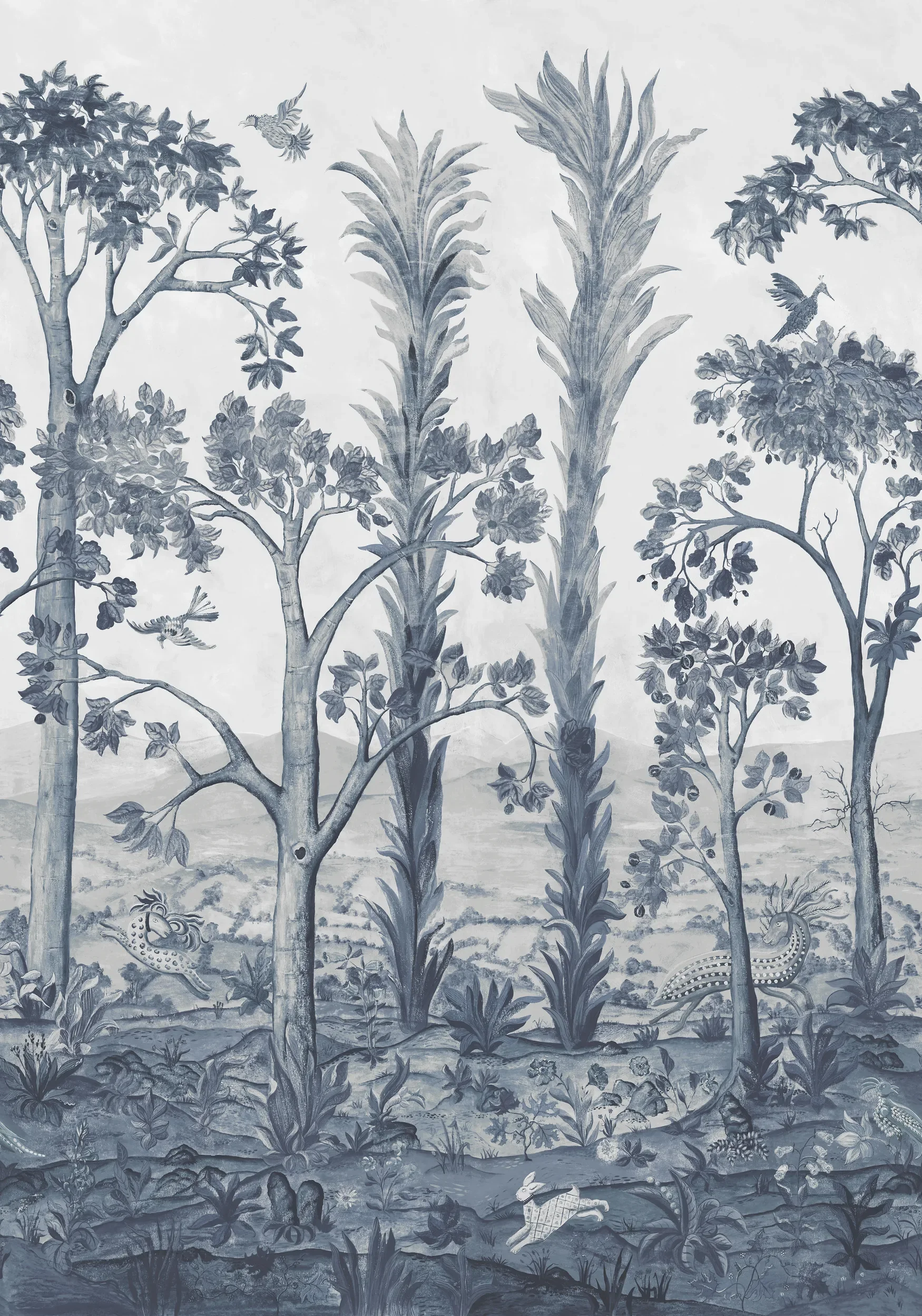 Tall Trees wallpaper by Melissa White for GP&J Baker, Kit Kemp Wallpaper collection, in the Delft Blue colourway.