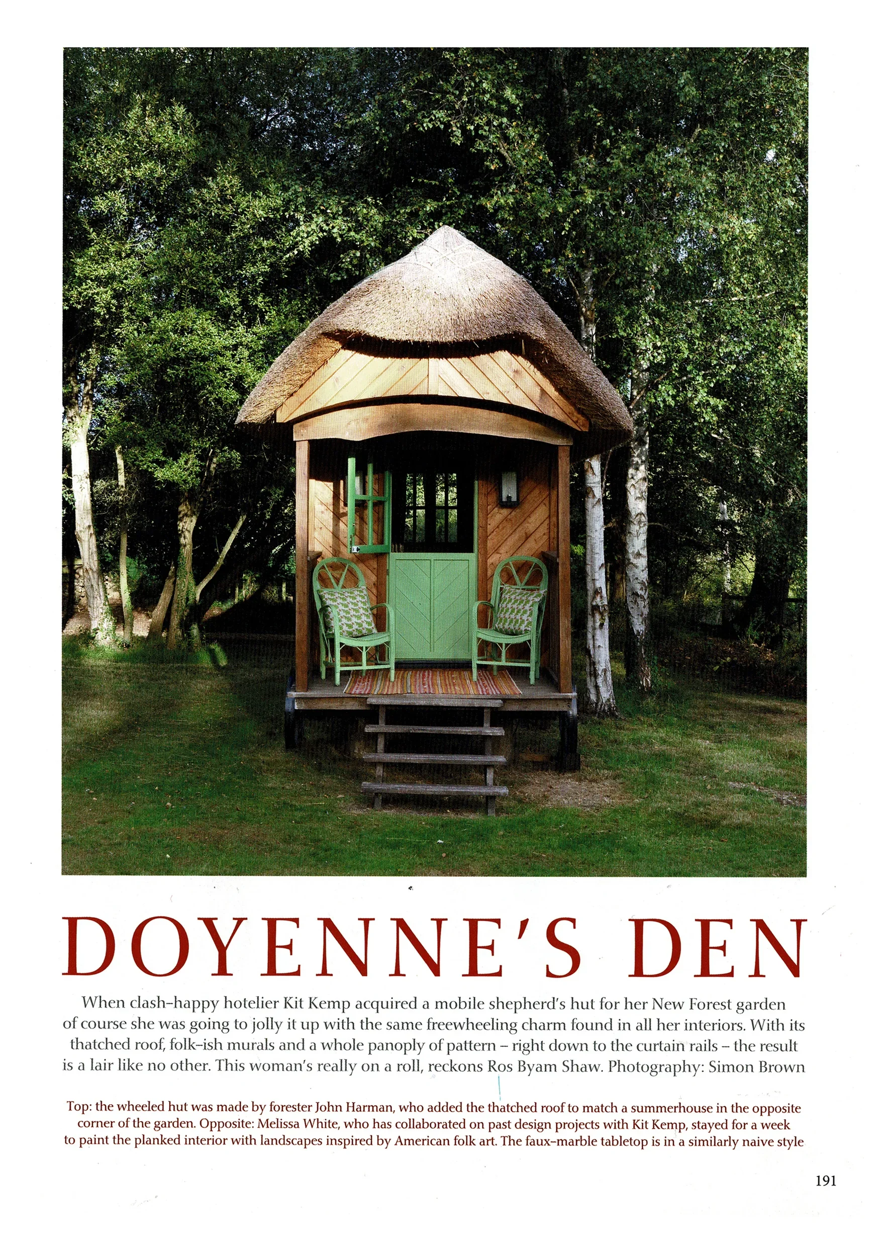 Kit Kemp's Shepherd's Hut, New Forest, as featured in The World of Interiors, May 2019. Oak structure on wheels with thatched roof, interior painted by Melissa White. Photography by Simon Brown.
