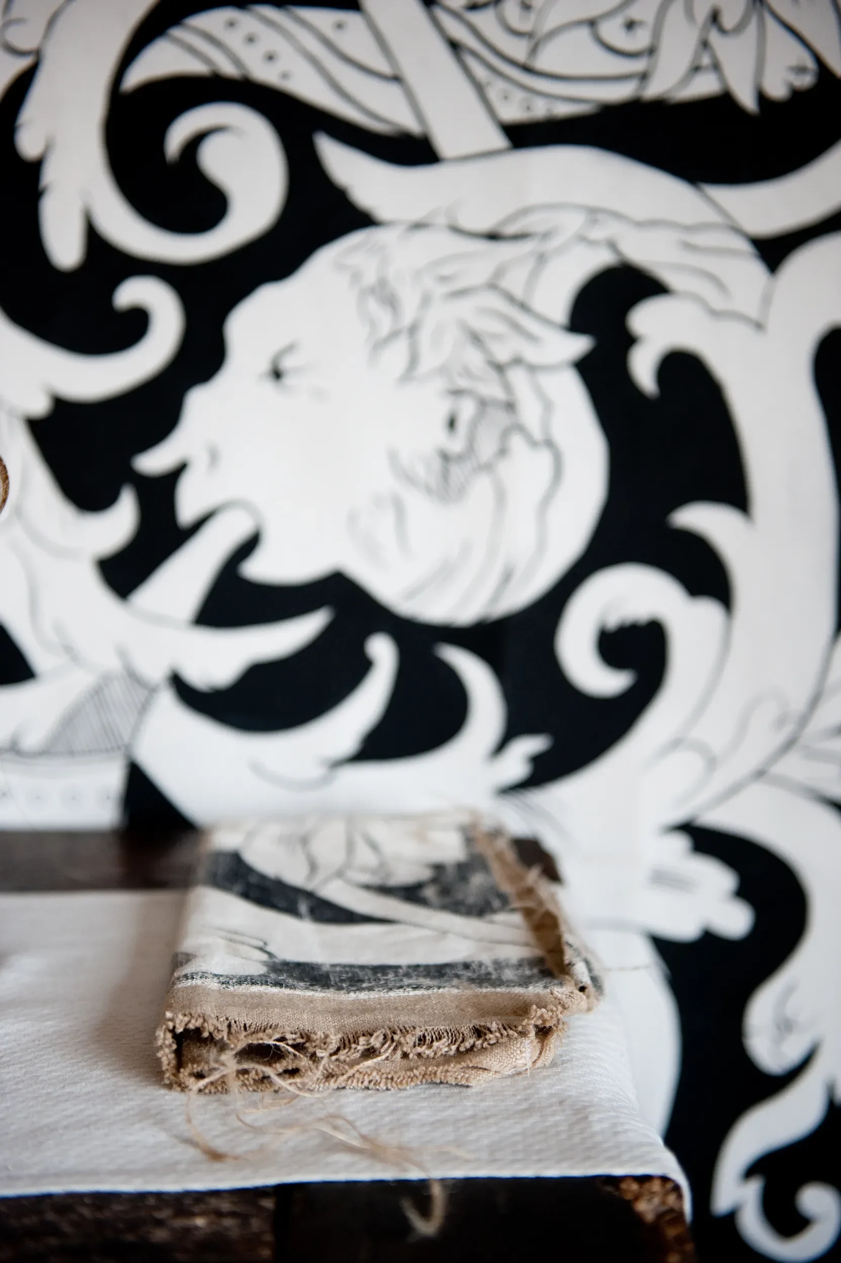Close-up of painted cloths by Melissa White at Shakespeare's Birthplace Museum, Stratford-upon-Avon, 2000.