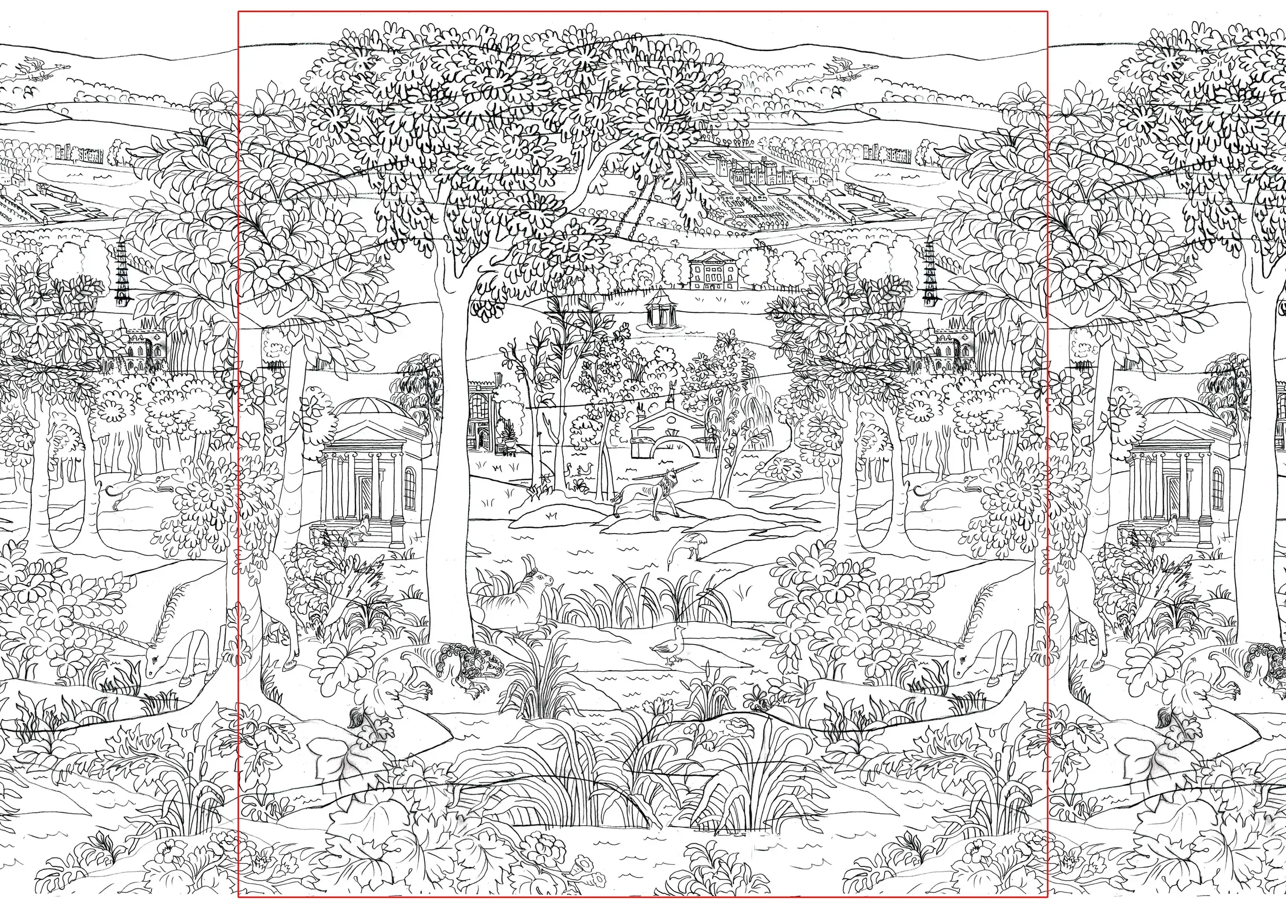 A detailed black and white line drawing of a landscape with trees, buildings, animals, and mountains in the background.
