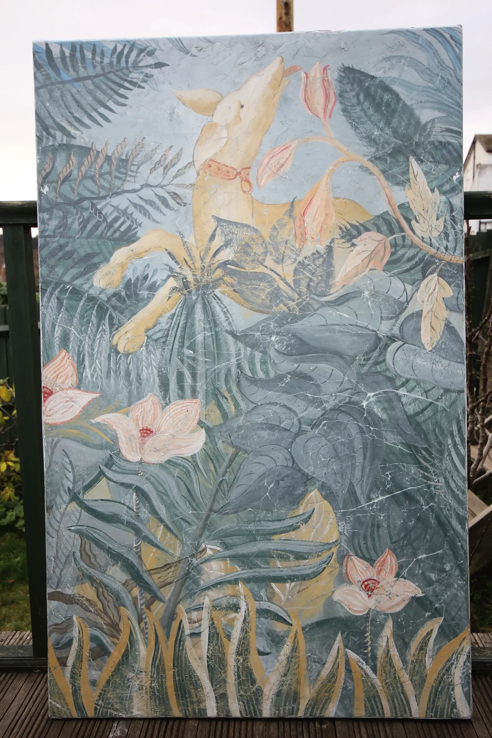 Painting of a hound in nature by Melissa White for Kit Kemp's Drawing Room installation at Bergdorf Goodman, New York, 2019.