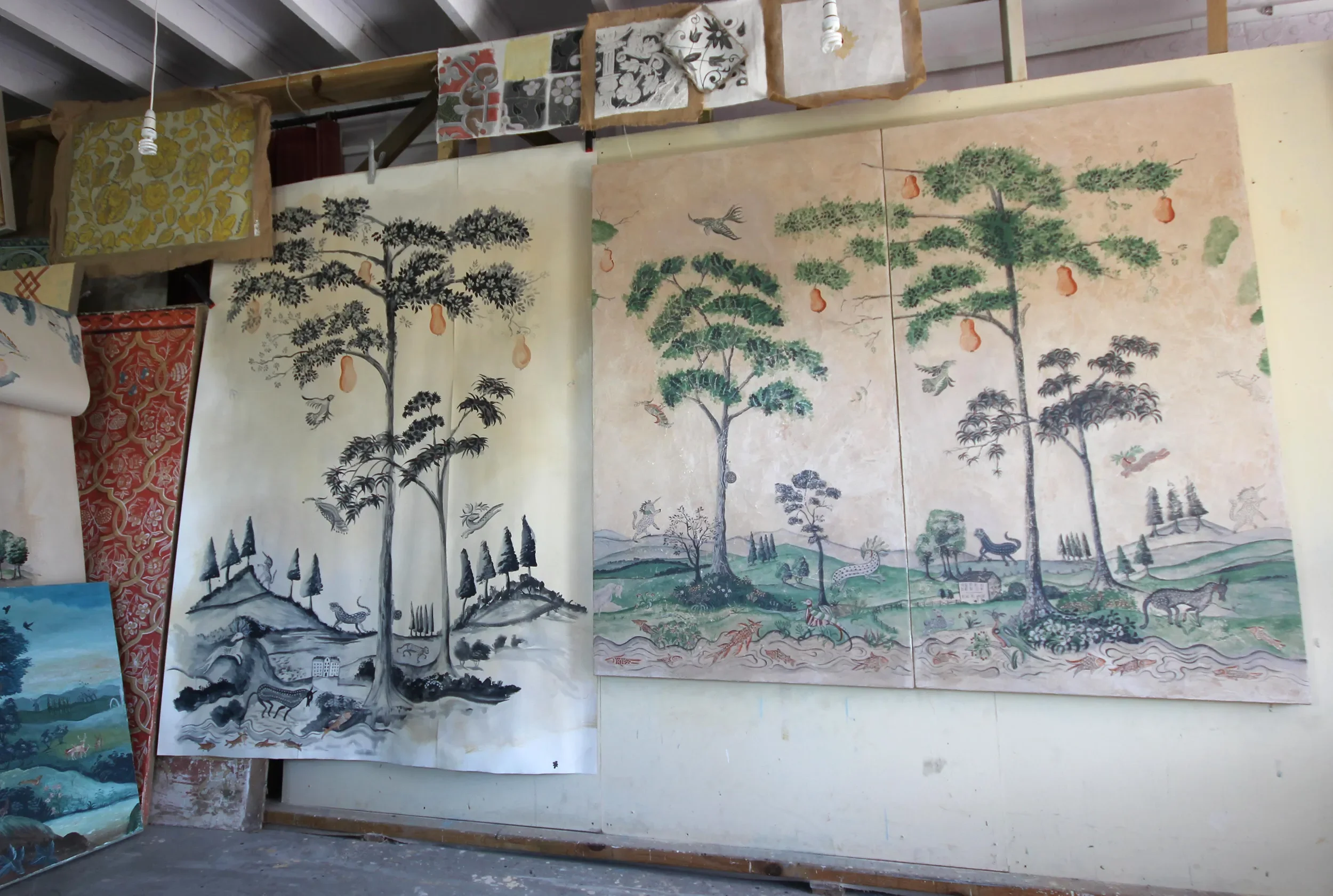 Mythical Land work in progress at Melissa White's Hastings studio where she hand-painted the wallpaper.