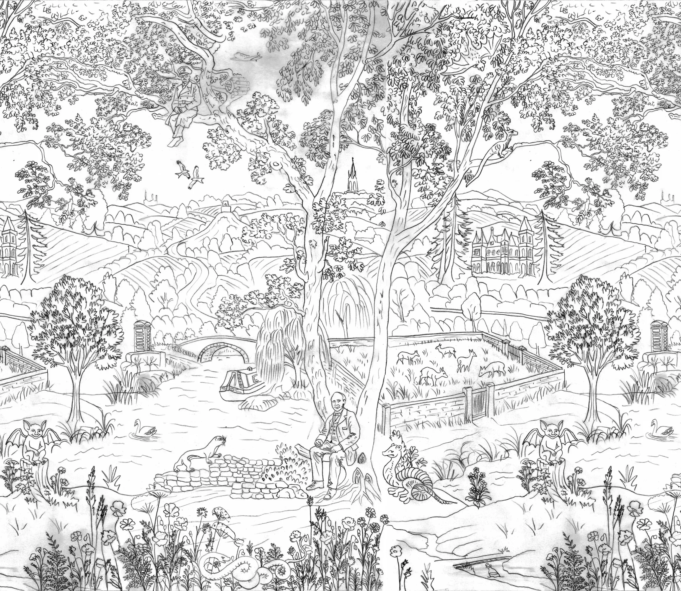 A detailed black-and-white coloring page of a park scene featuring various animals, trees, and buildings in the background. There are dragons, a person sitting under a tree, a fox, birds flying, and a pond with a boat.