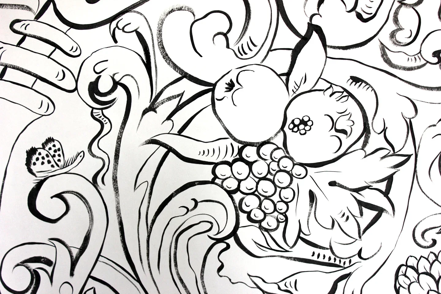 Black and white Bacchus line drawing by Melissa White. Shows work in progress.