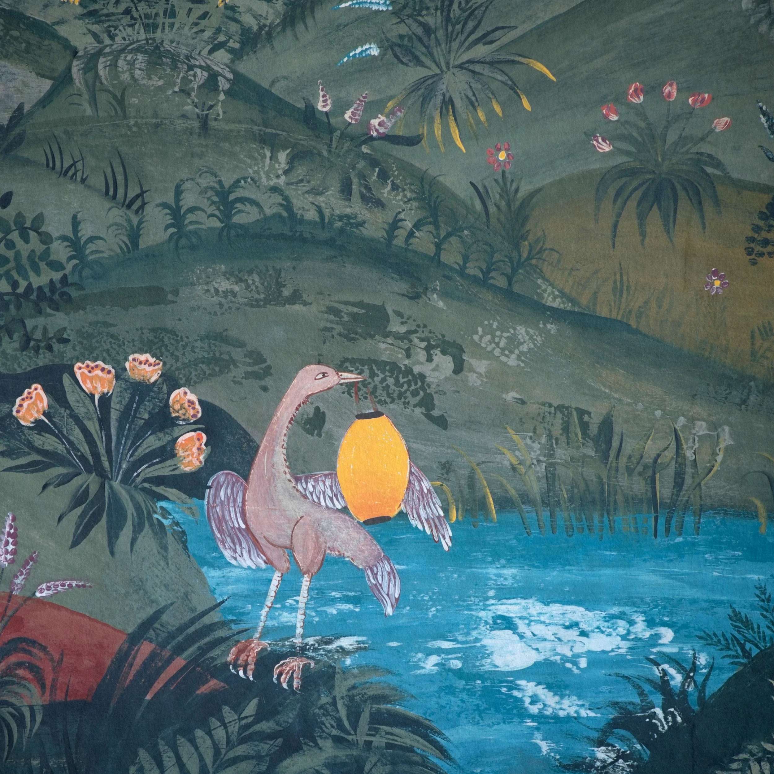 Painting of a heron standing in a lush, tropical landscape with green foliage, colorful flowers, and a pond.