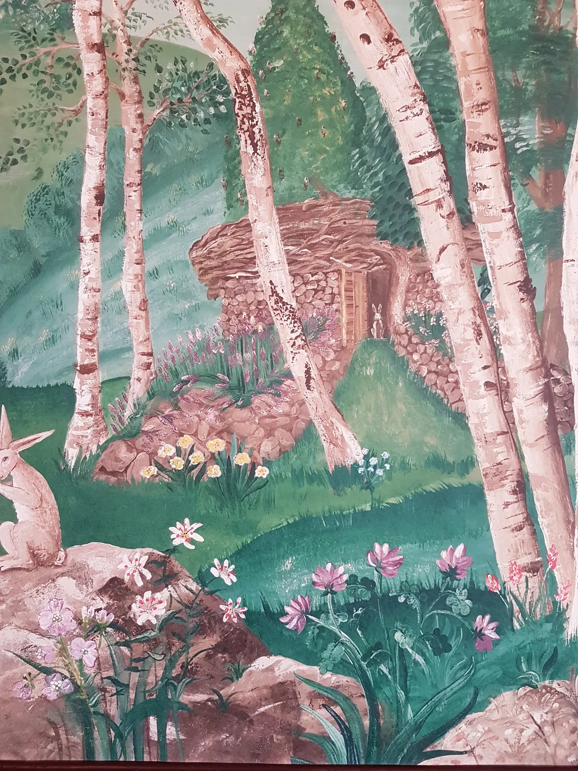 Close-up of Lantern Parade wallpaper by Melissa White for Andrew Martin, detail showing figures carrying lanterns through silver birch woodland, developed in collaboration with Kit Kemp.