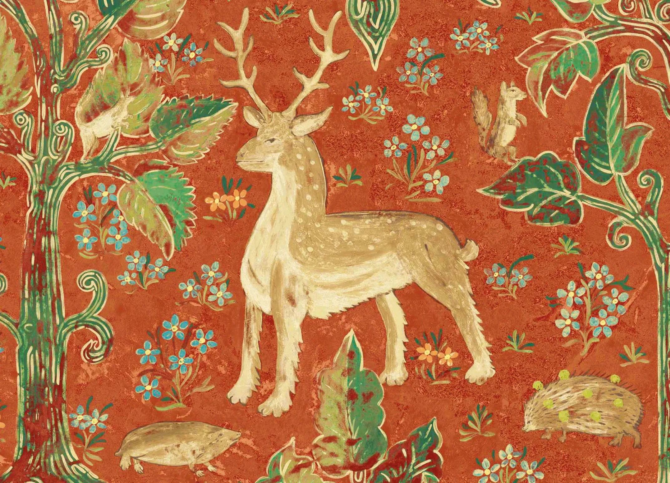 A close-up of Melissa White's Arden wallpaper for Zoffany in red, featuring a proud stag.