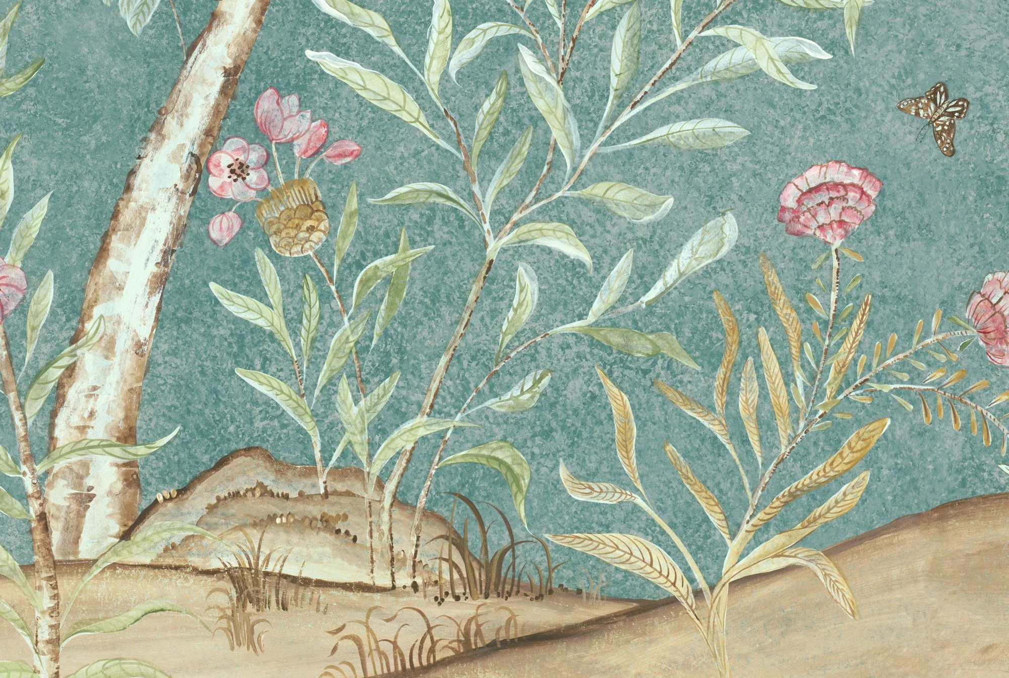 Watercolor painting of a tree with green leaves, pink flowers, and a butterfly on the right side, against a textured blue-green background.