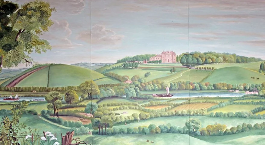 A painting of a countryside landscape featuring rolling green hills, trees, a river with boats, and a castle on a hill in the distance.