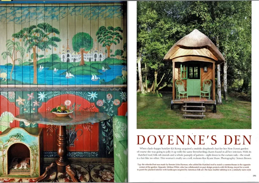 Left: a colorful mural with trees, a castle, and sailing boats by a river, and a decorated table; Right: a small wooden house with a thatched roof, surrounded by trees, labeled as Doyenne's Den.