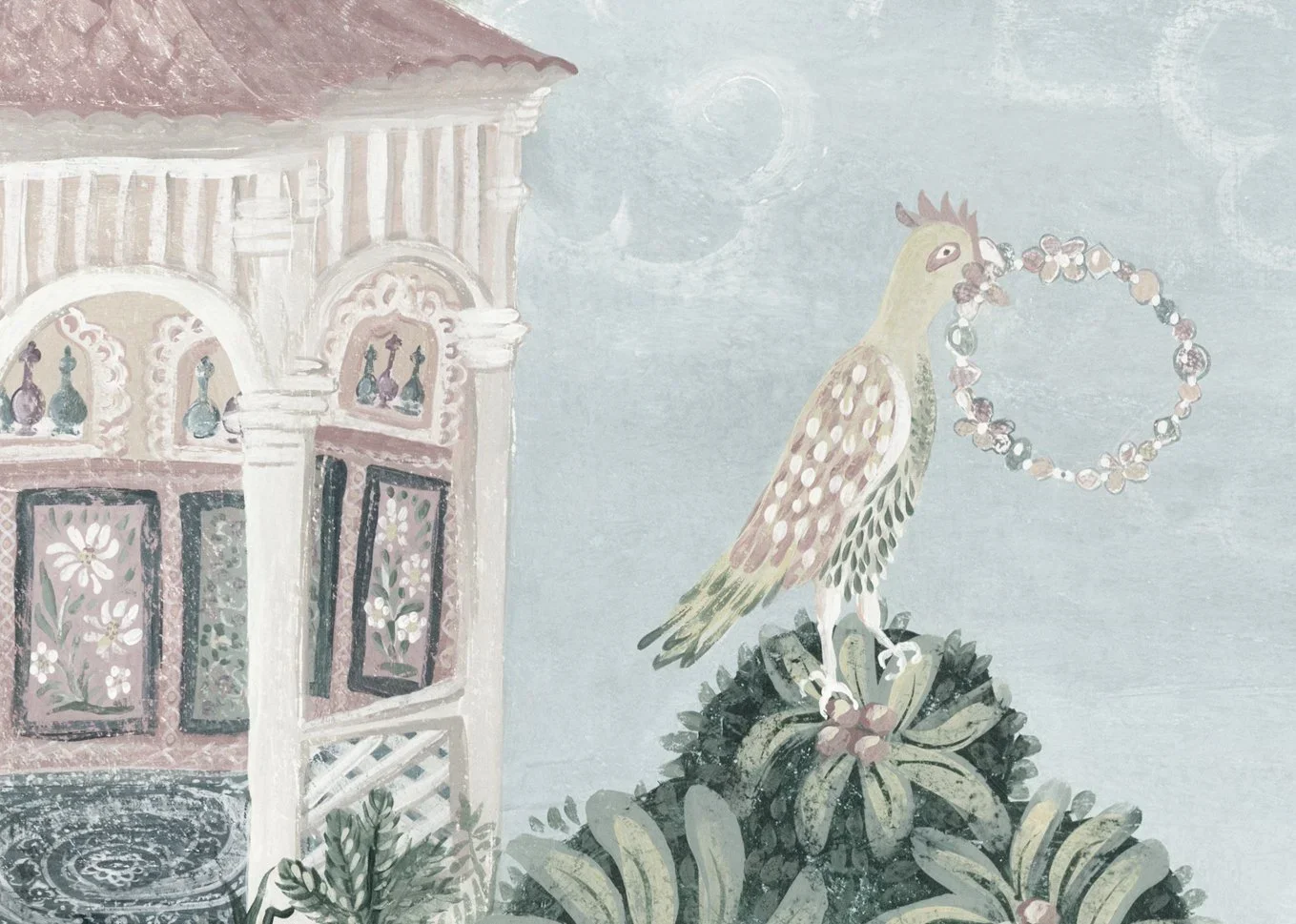 A whimsical illustration featuring a bird with a pearl necklace perched on a shrub, with a pastel-colored building with arched windows and decorative details, and a moon in the cloudy sky in the background.