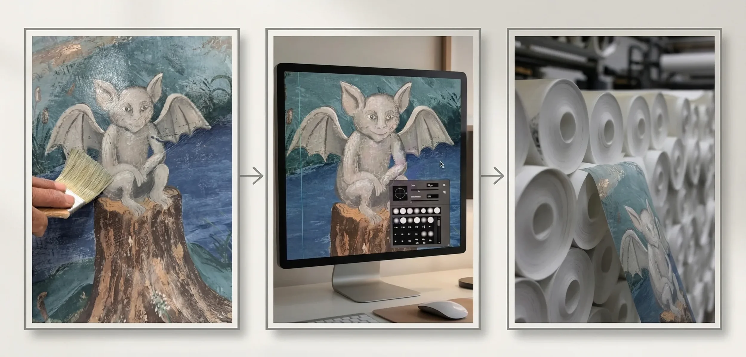 A digital illustration process of a creature with bat wings and feline features on a tree stump, displayed on a computer monitor, with rolls of canvas or paper in the background.