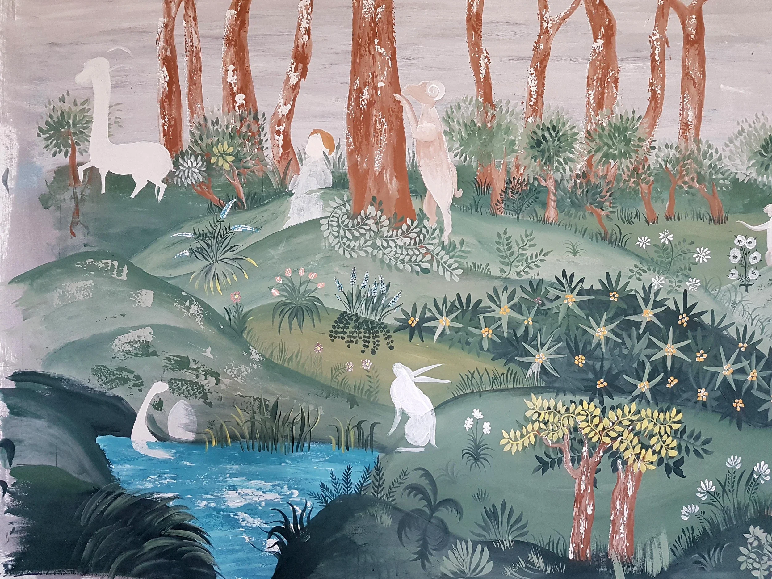 A painting depicting a forest scene with tall trees, a waterfall, and various animals including a giraffe, a deer, a dragonfly, and swans, surrounded by lush greenery and flowers.