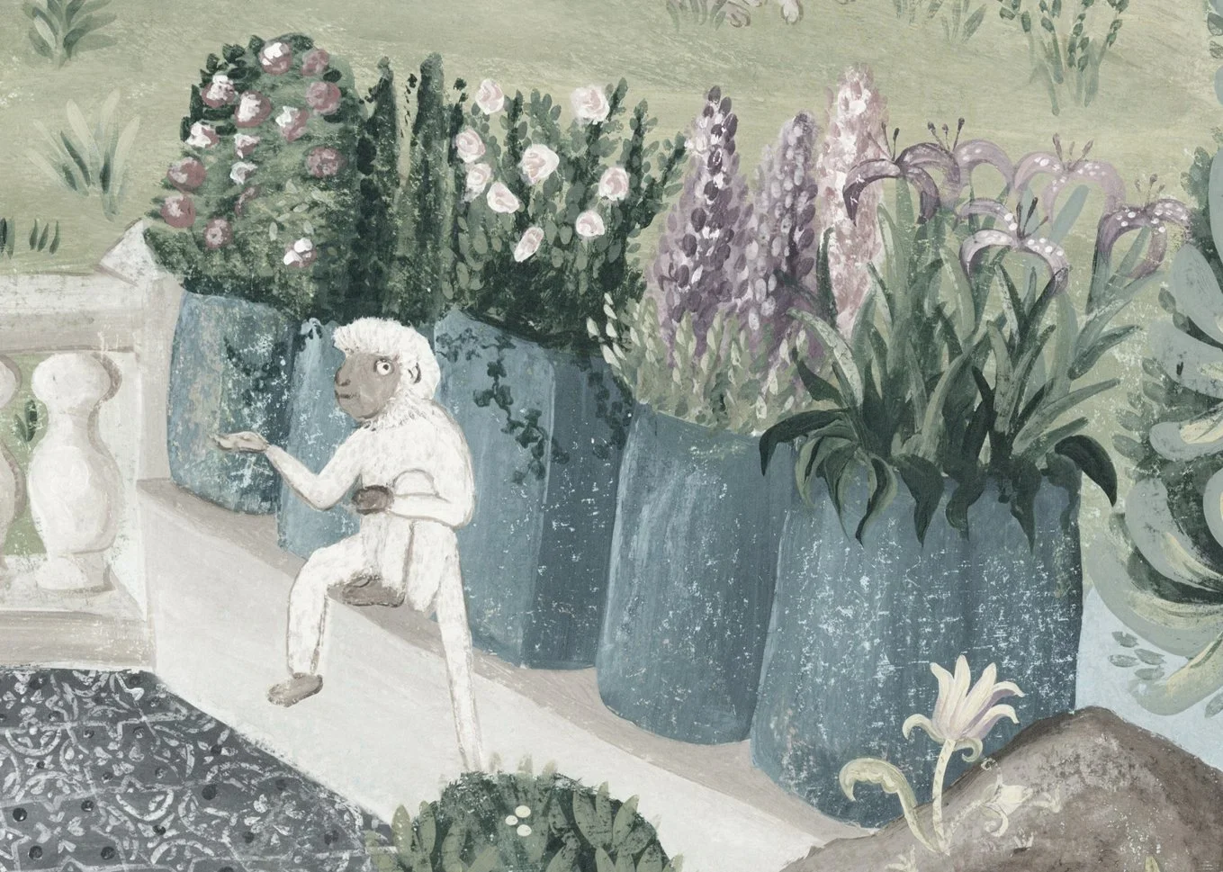 A painted mural of a person with a sheep's head sitting near potted plants, including pink and purple flowers.