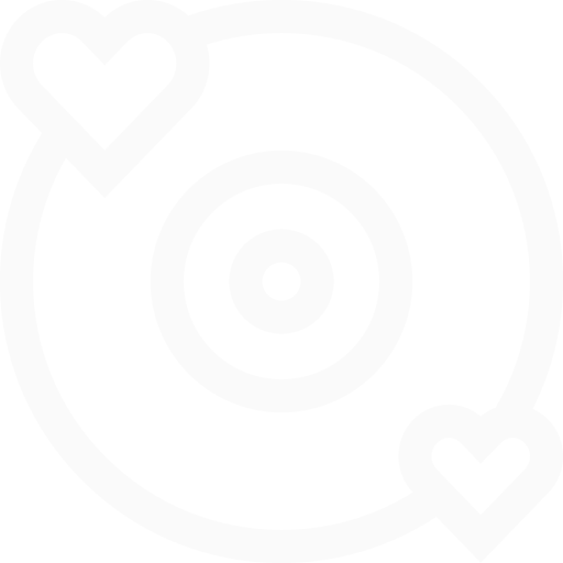 En svartvit ikon av en vinylskiva med två hoppande hjärtan, en i det övre vänstra hörnet och en i det nedre högra hörnet.