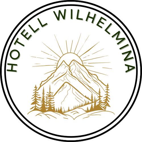 Logo för Hotel Wilhelmina med en bergslandskap och en soluppgång