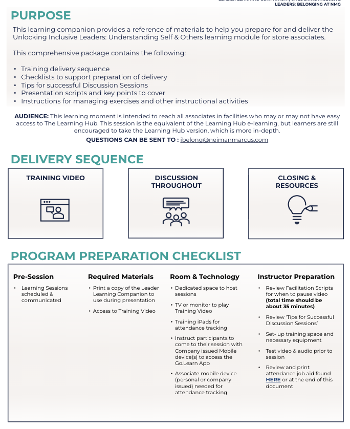 A screenshot of the Leader Learning Companion with the purpose and instructions for leading the live session.