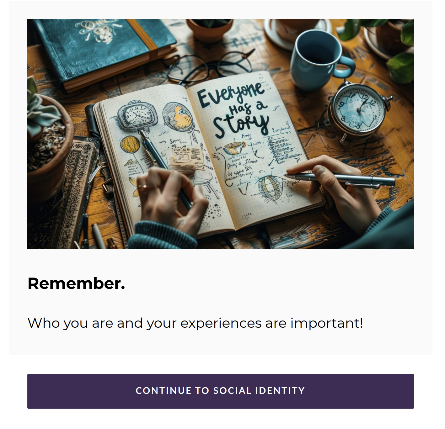 A screenshot of the Rise360 training with an image of a journal with the words "Everyone has a story" written on the pages.
