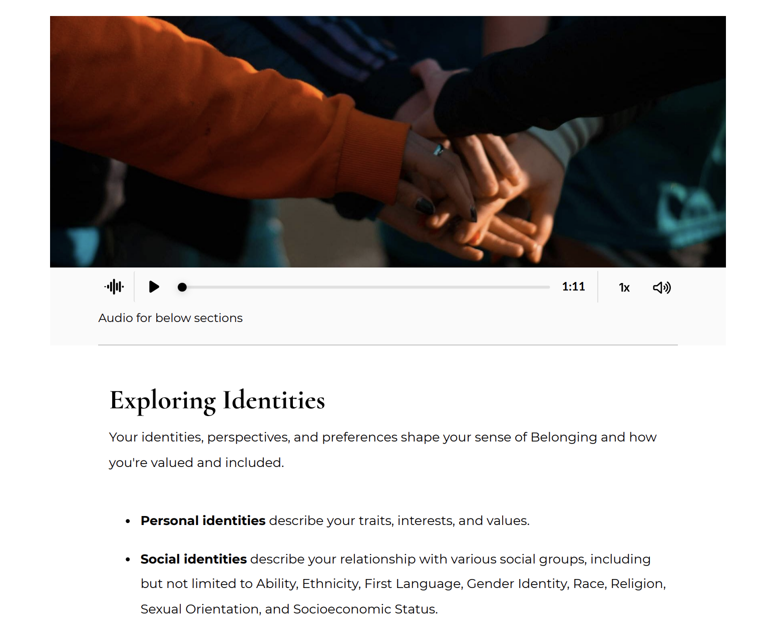 A screenshot from the Rise360 course showing the Exploring Identities section of the training.