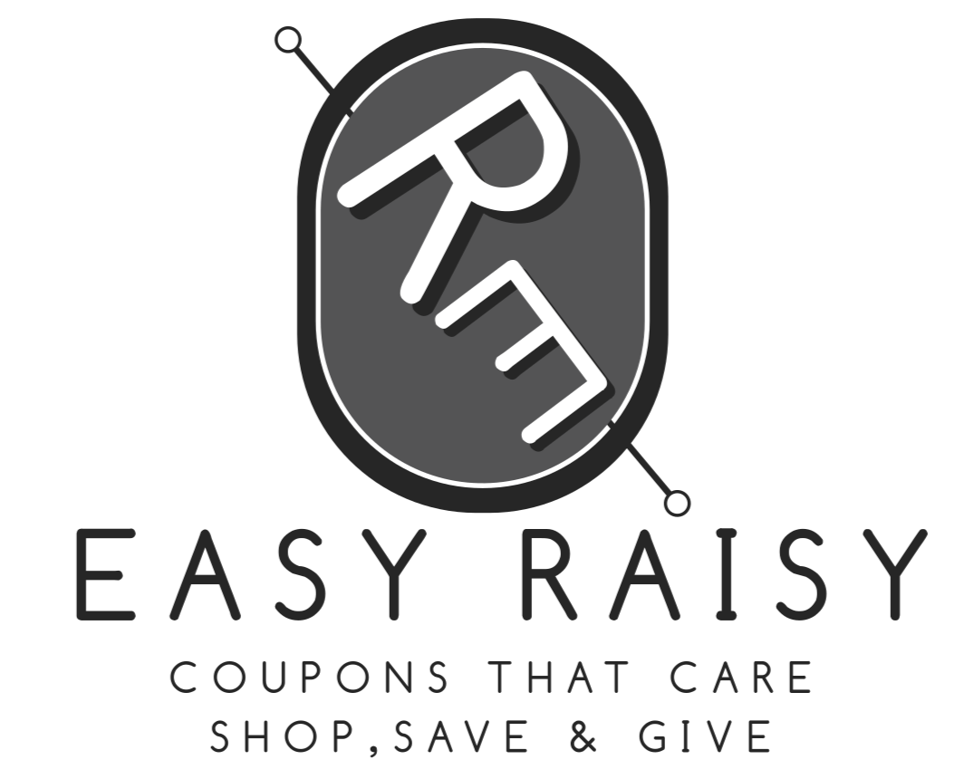 Logo for Easy Raisy, featuring a stylized globe pin, and the tagline 'Coupons that care, shop, save & give' below.