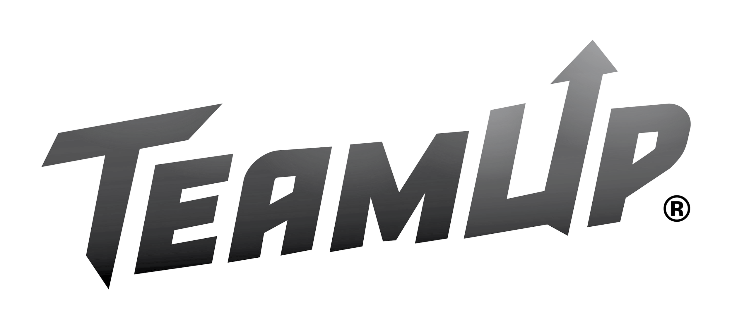 Gray 3D text that reads 'TEAM UP' with the letter 'UP' featuring an upward arrow extending from the top of the 'U' to the top of the 'P'.