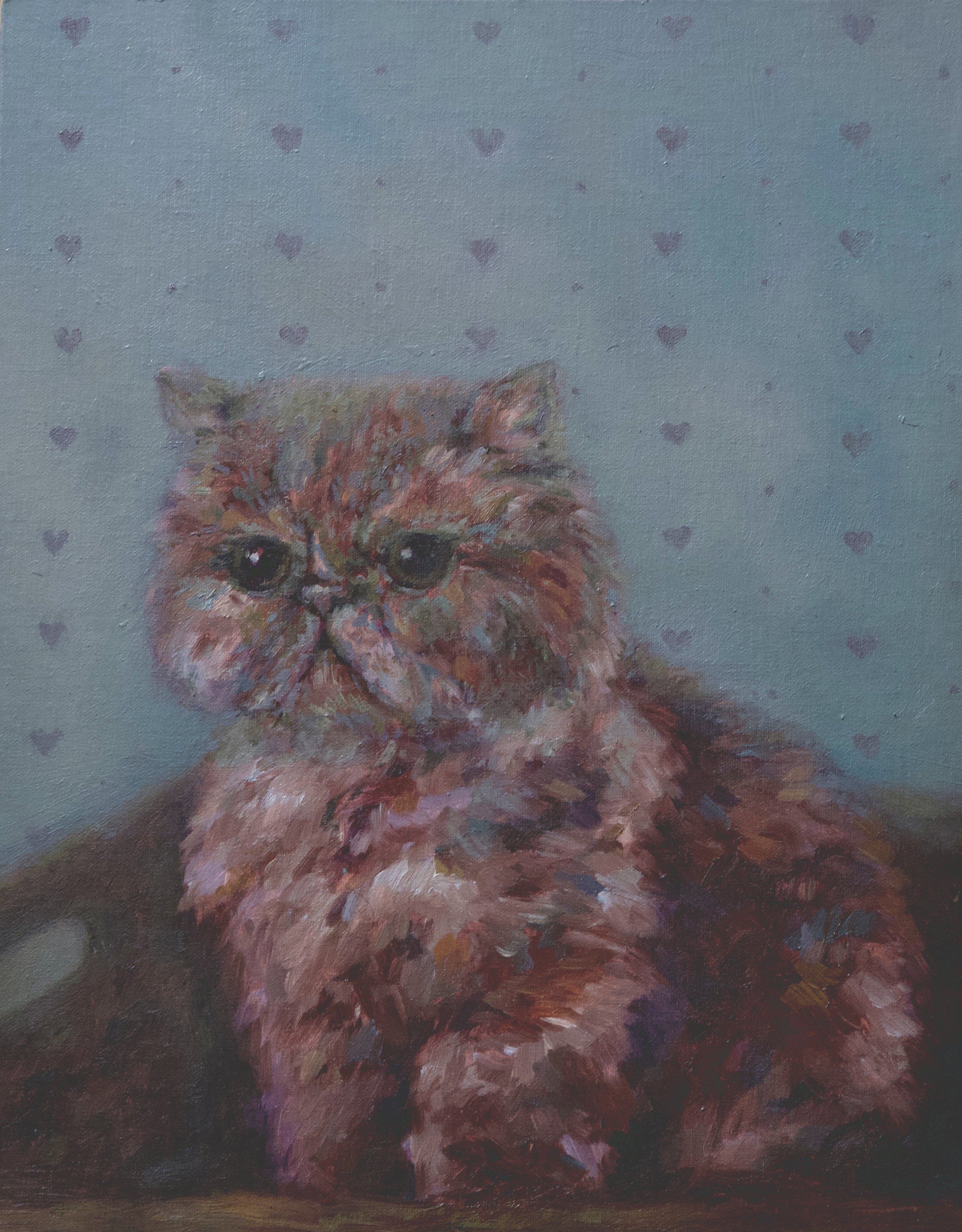 Oil painting of a small Persian cat with organge and white fur, sitting against a pastel blue background with small purple hearts.