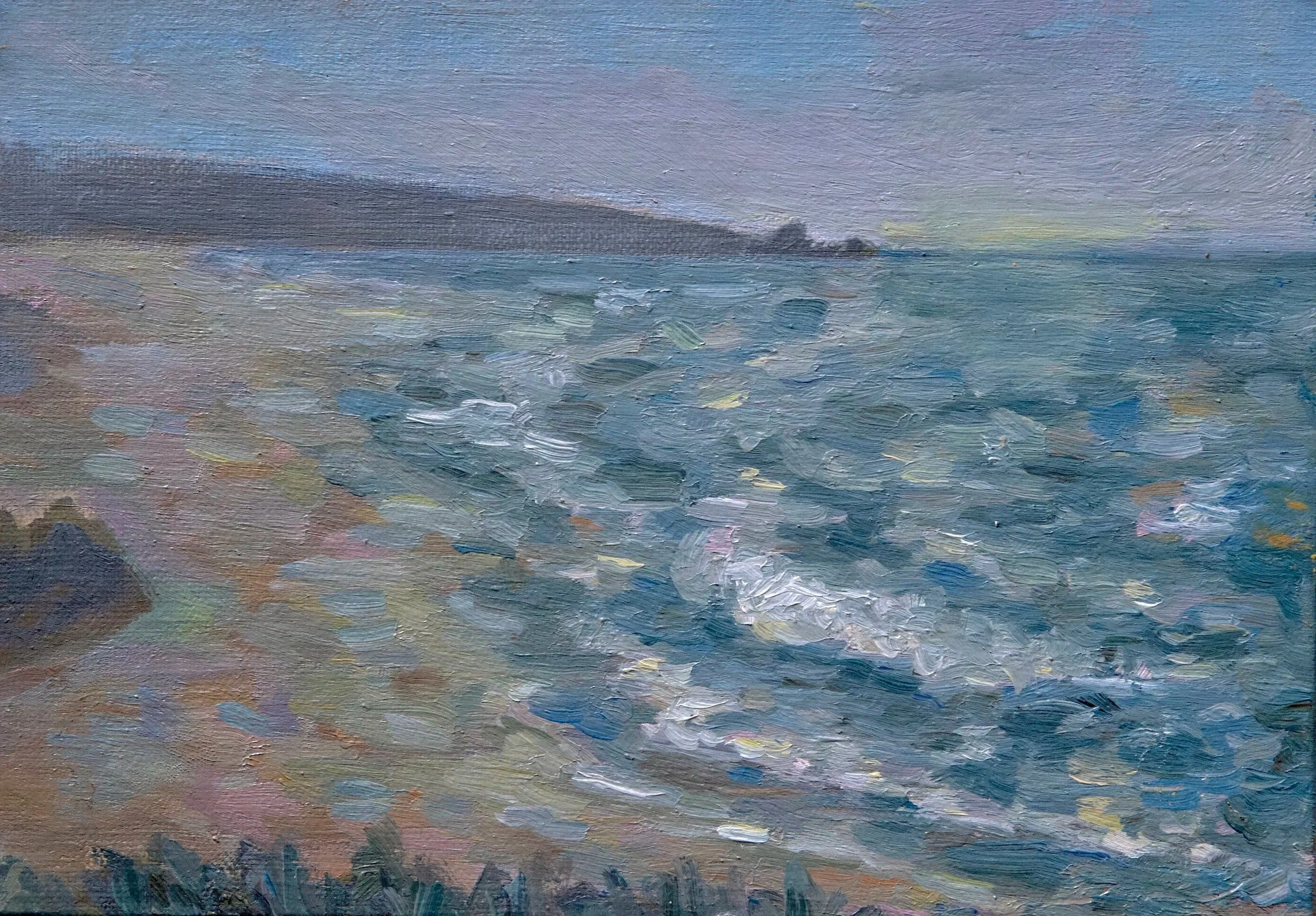 An oil painting of a beach scene with waves, a distant shoreline, and pastel-colored sand.